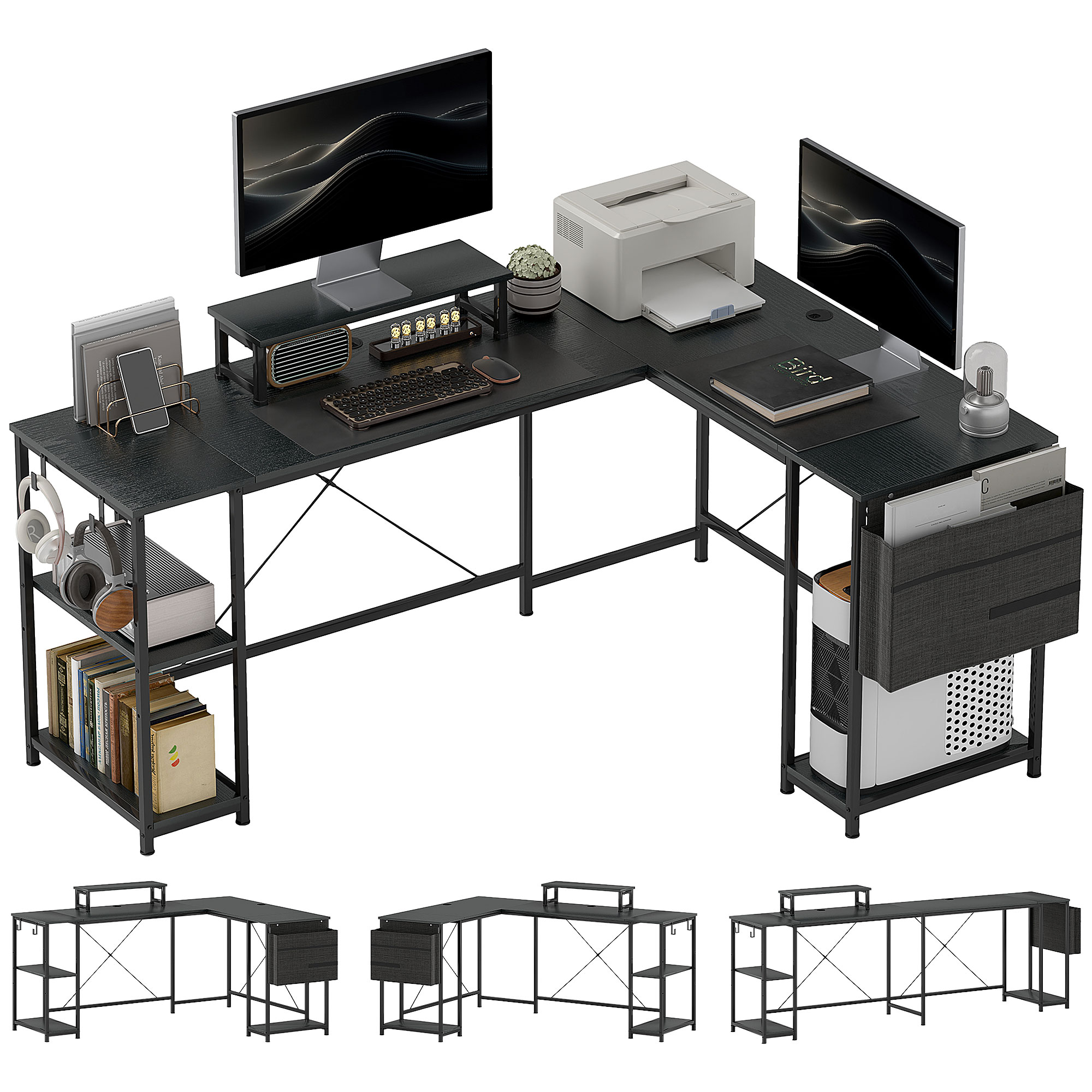 HERON 168cm Reversible L Shaped Desk, Black - Life Essentials
