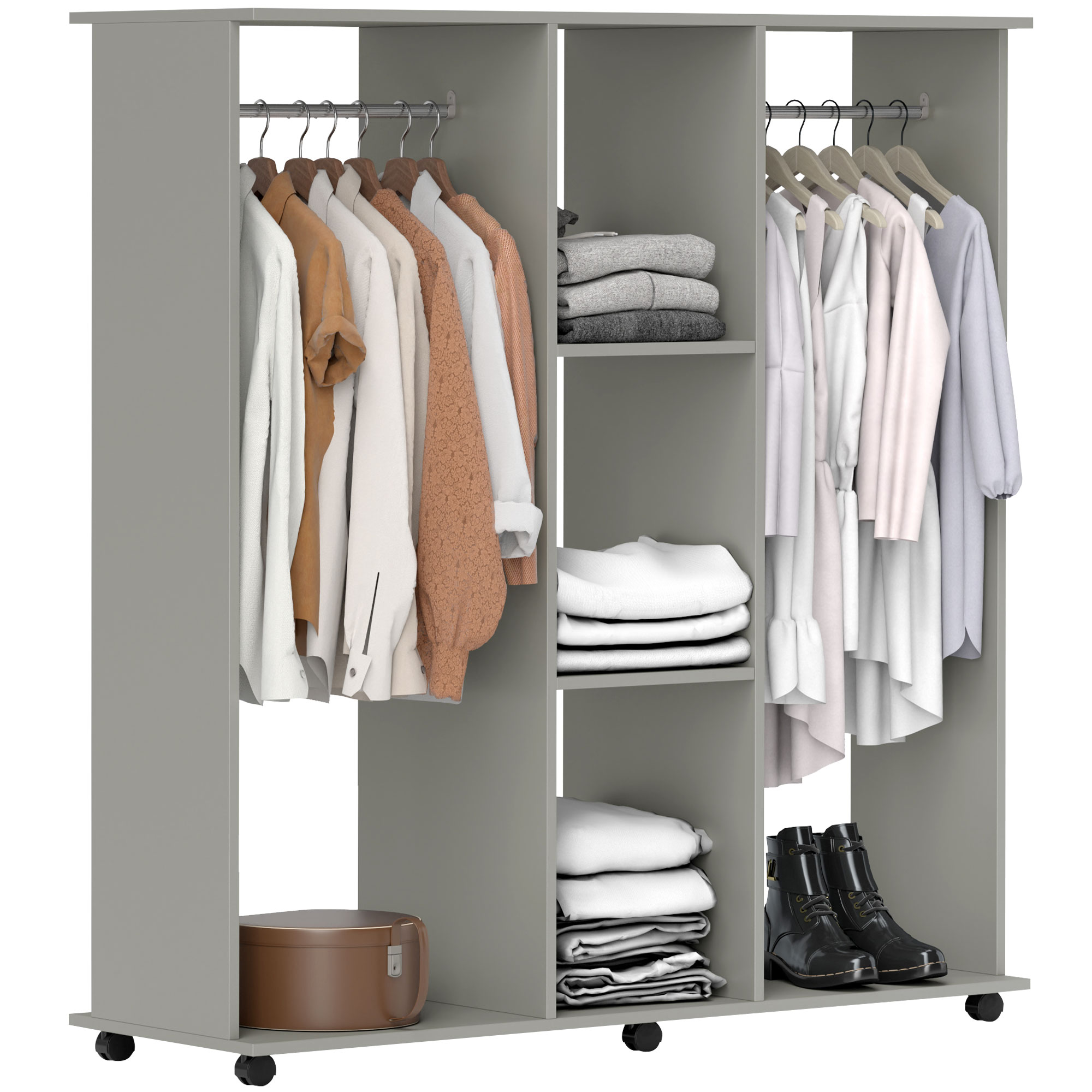 HERON Double Open Wardrobe on Wheels, Bedroom Wardrobe with Clothes Hanging Rails, 3 Storage Shelves, Grey - Life Essentials
