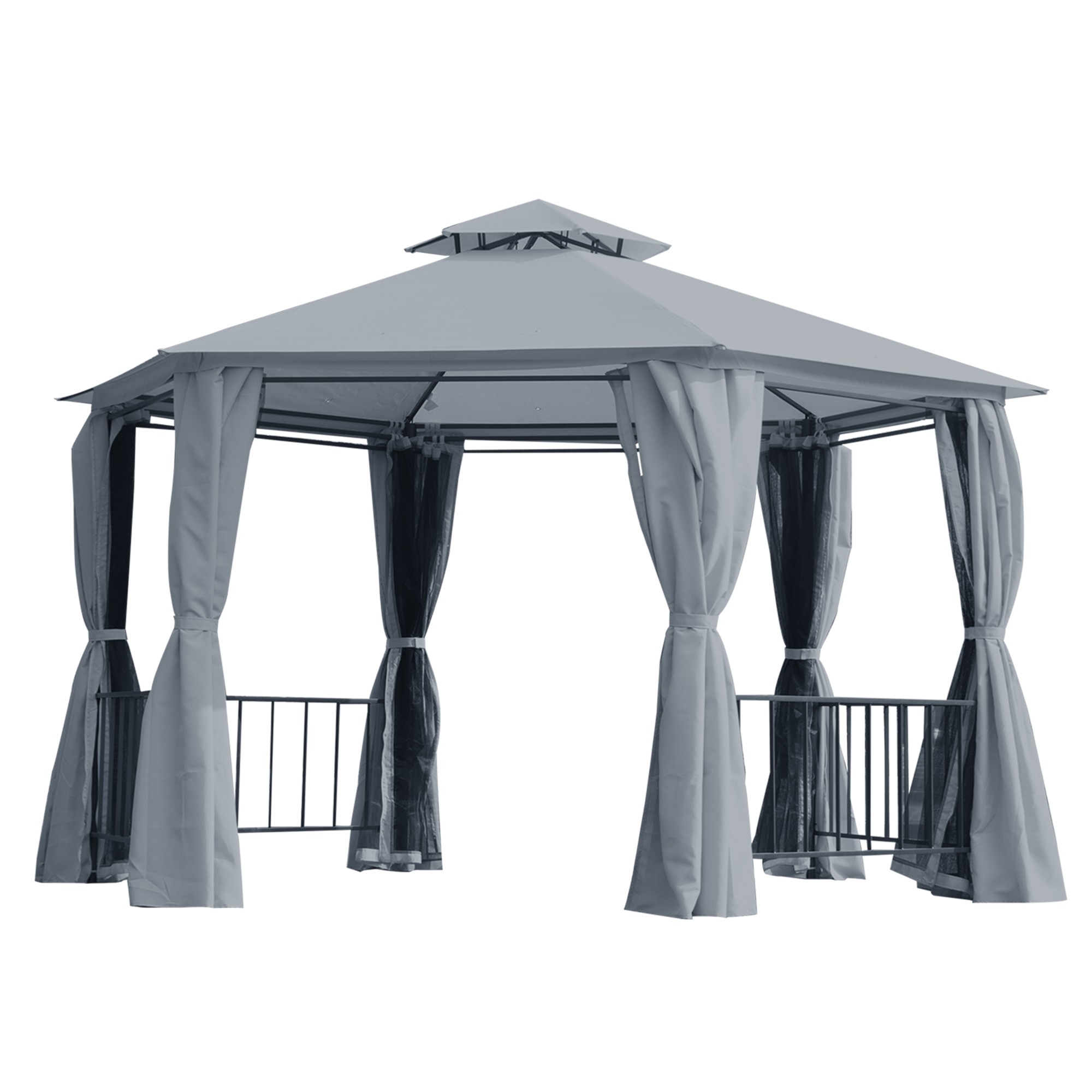 Hexagon Gazebo Patio Canopy Party Tent Outdoor Garden Shelter w/ 2 Tier Roof & Side Panel - Grey - Life Essentials