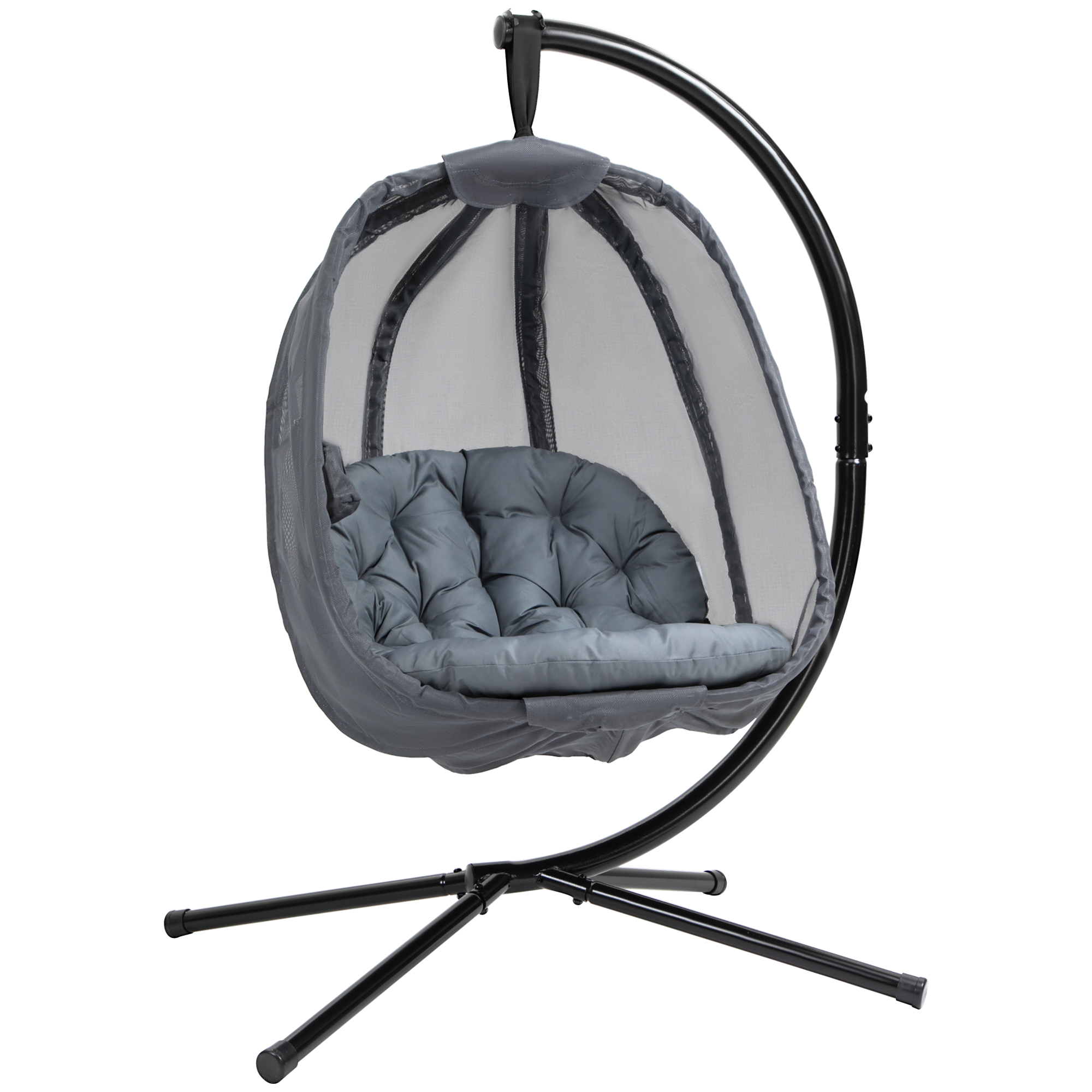 Hanging Egg Chair, Folding Swing Hammock with Cushion and Stand for Indoor Outdoor, Patio Garden Furniture, Grey - Life Essentials