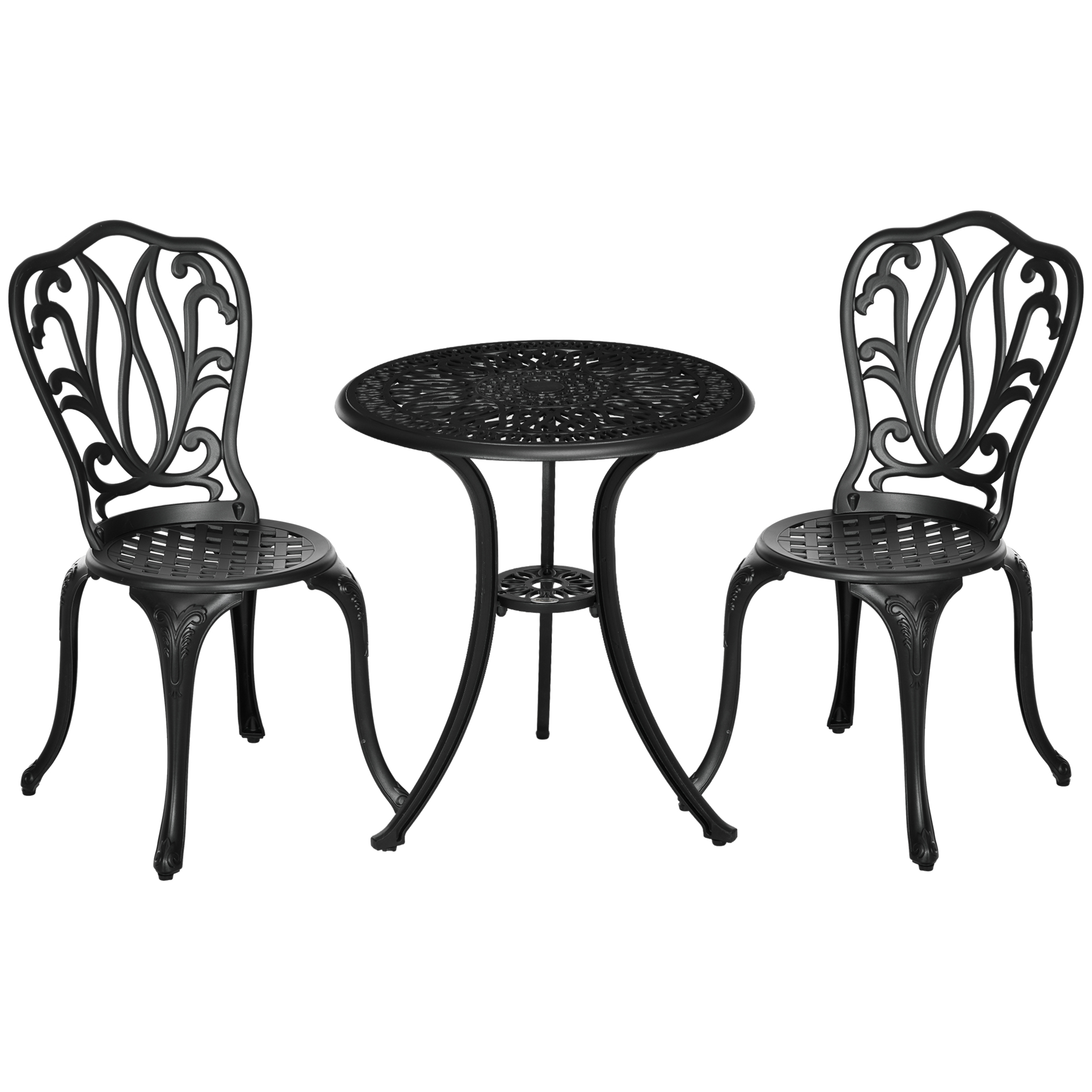 SUNVISTA 3 Piece Garden Bistro Set, Cast Aluminium Outdoor Furniture Set with Umbrella Hole for Balcony, Porch, Patio, Black - Life Essentials