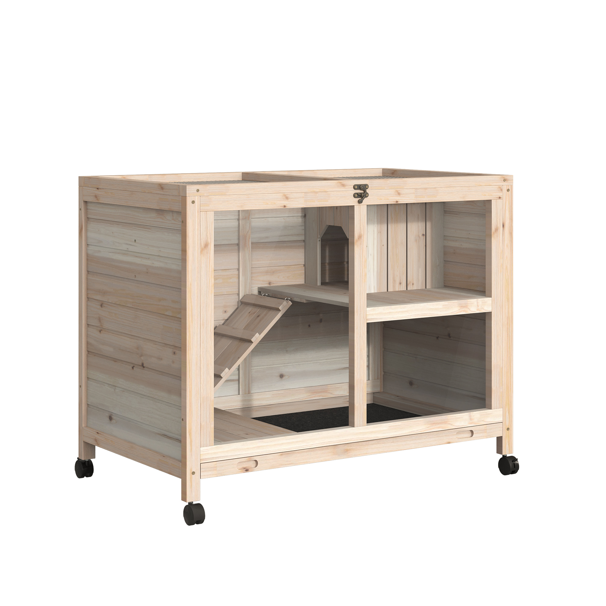 Wooden Rabbit Hutch Guinea Pigs House Bunny Small Animal Cage W/ Pull-out Tray Openable Roof Wheels 91.5 x 53.3 x 73 cm - Life Essentials