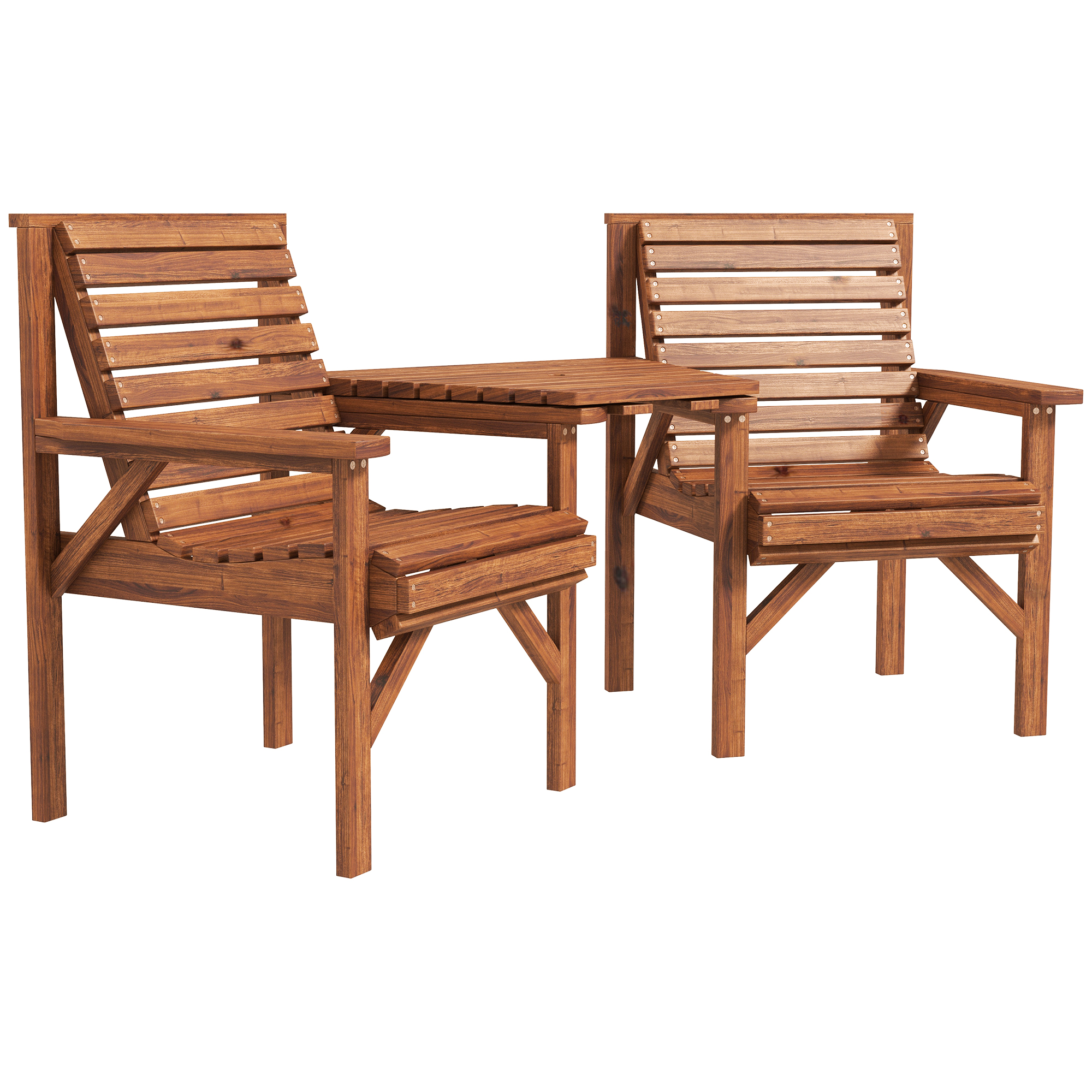 Wooden Garden Love Seat w/ Coffee Table Umbrella Hole, Tan Brown - Life Essentials