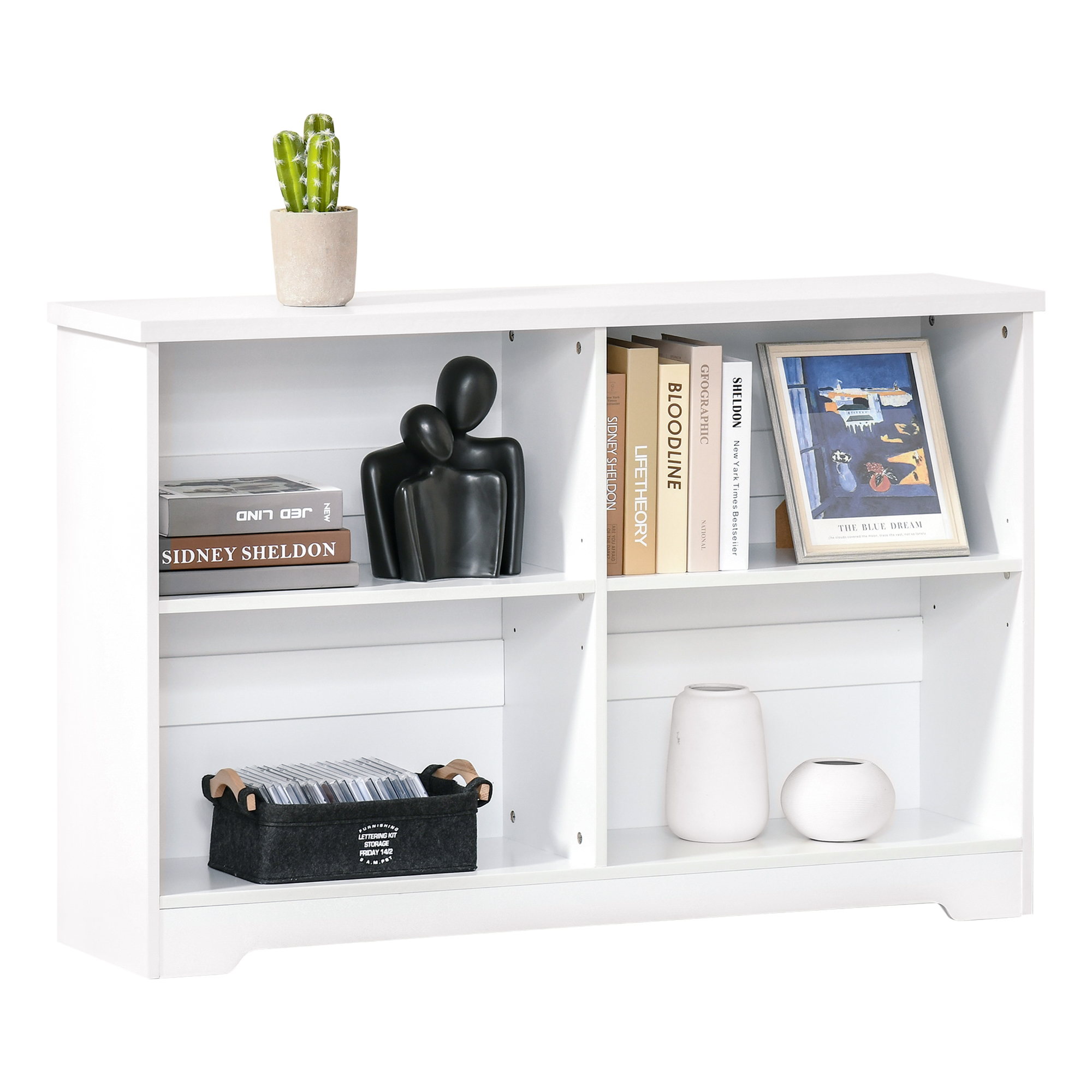 Simple Modern 4-Compartment Low Bookcase 2-Tier w/ Moving Shelves Cube Display Storage Unit Home Office Living Room Furniture White - Life Essentials