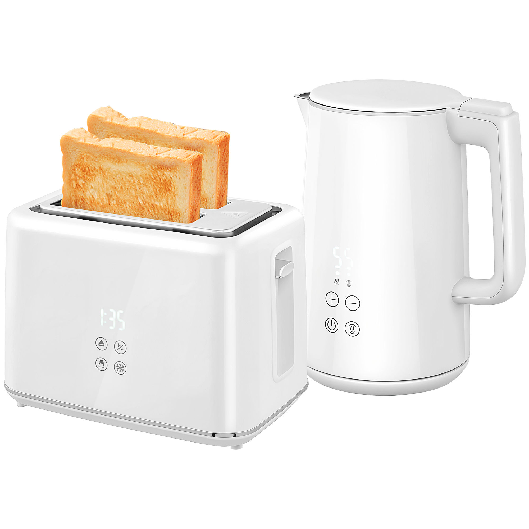 HERON Kettle and Toaster Set, 1.5L 3000W Fast Boil Kettle with Insulation & 2 Slice Toaster Kitchen Set with 7 Level Browning Controls, Cream White - 