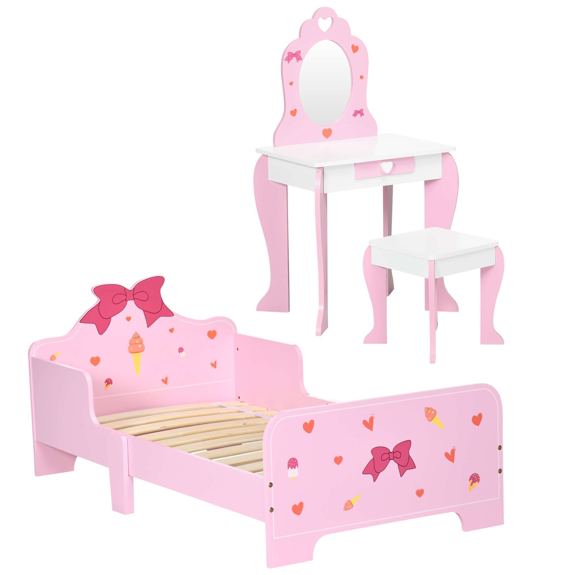ZONEKIZ 3PCs Kids Bedroom Furniture Set with Bed, Dressing Table and Stool, Princess Themed, for 3-6 Years Old, Pink - Life Essentials