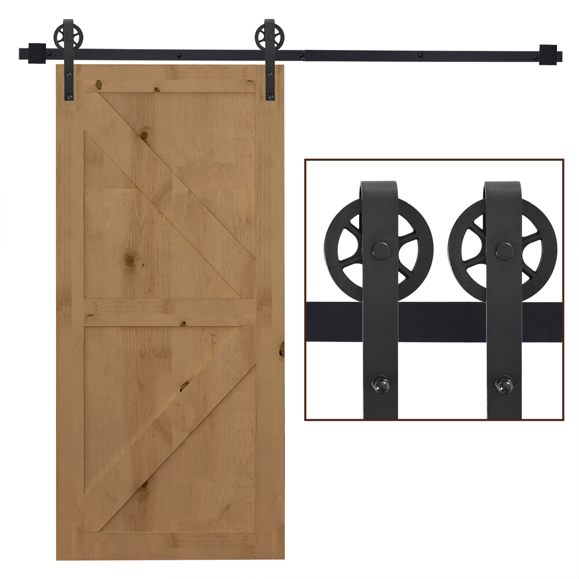 6.6 FT/ 2000mm Carbon Steel Sliding Barn Door Kits Hardware Closet Set Track System for Single Wooden Door Industrial Wheel Style Roller - Life 