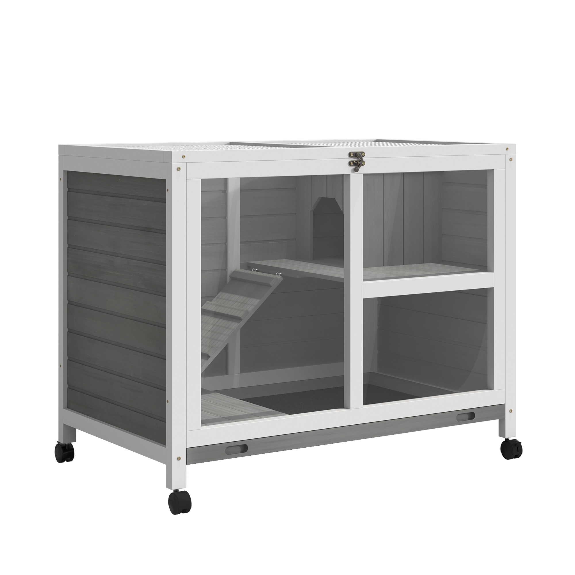 Wooden Rabbit Hutch Guinea Pigs House Bunny Small Animal Cage w/ Pull-out Tray Openable Roof Wheels 91.5 x 53.3 x 73 cm - Life Essentials