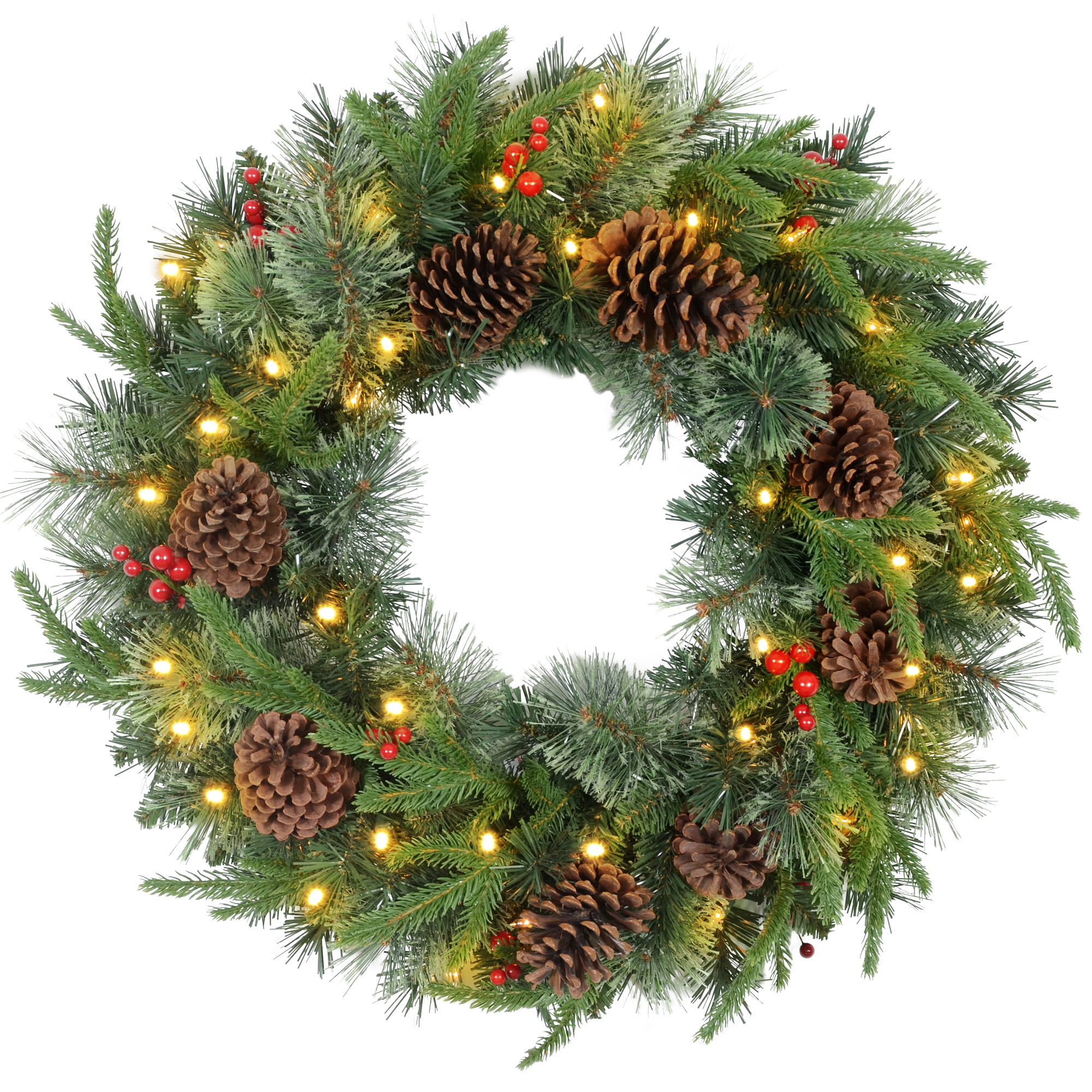 Scott Pre-Lit Cone and Berry Christmas Wreath for Front Door with LED Lights - Green
