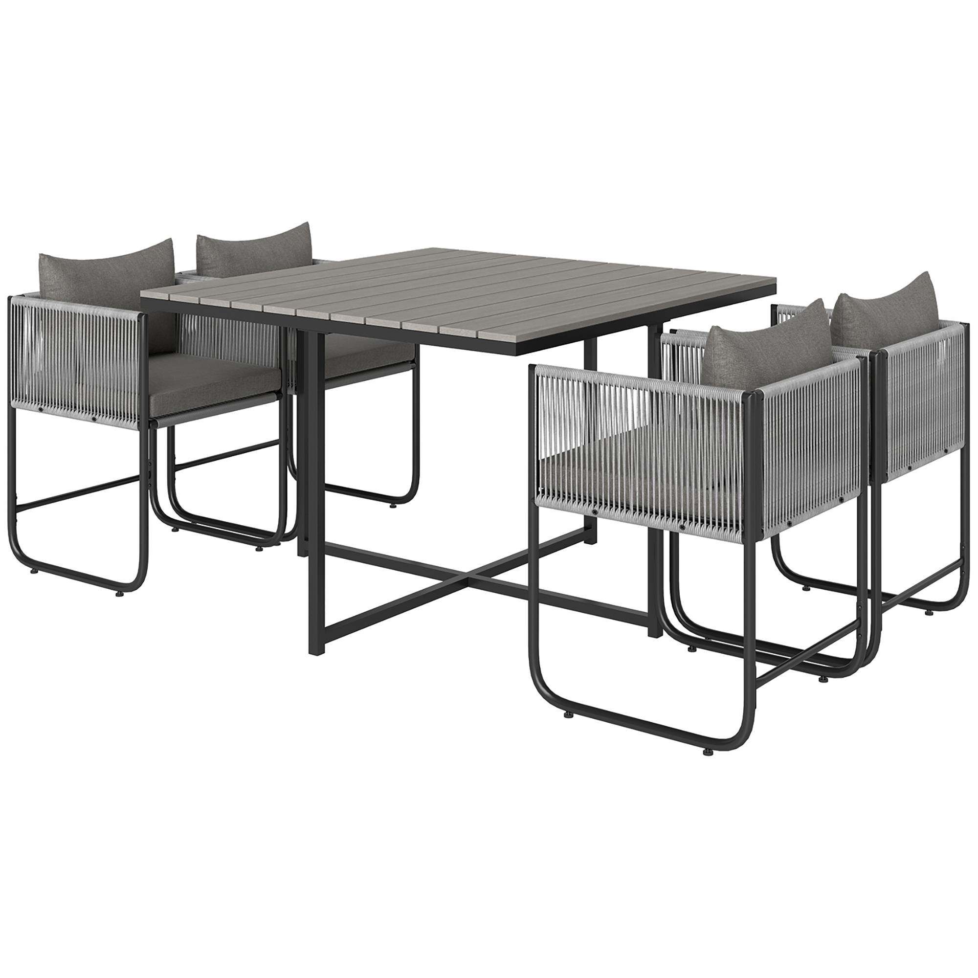 SUNVISTA 4-Seater Rattan Cube Dining Set with Cushions & Wood Grain Table, Patio Furniture, Grey - Life Essentials