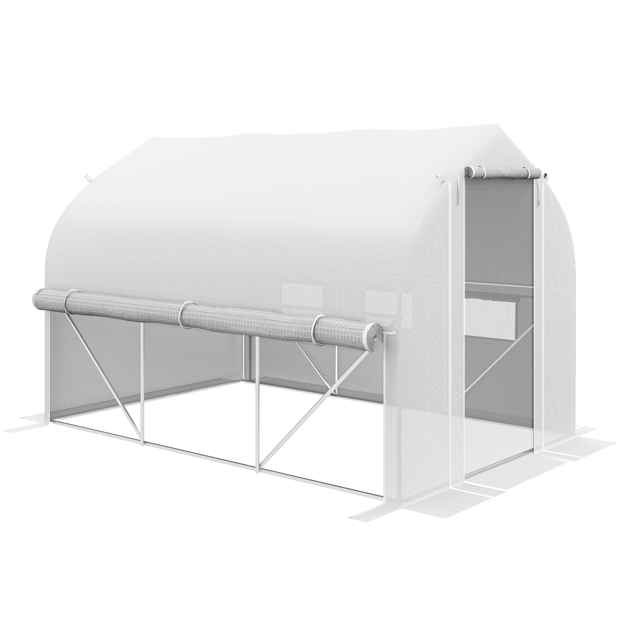 3 x 2m Walk-in Polytunnel Greenhouse, Zipped Roll Up Sidewalls, Mesh Door, Mesh Windows, Tunnel Warm House Tent w/ PE Cover, White - Life Essentials