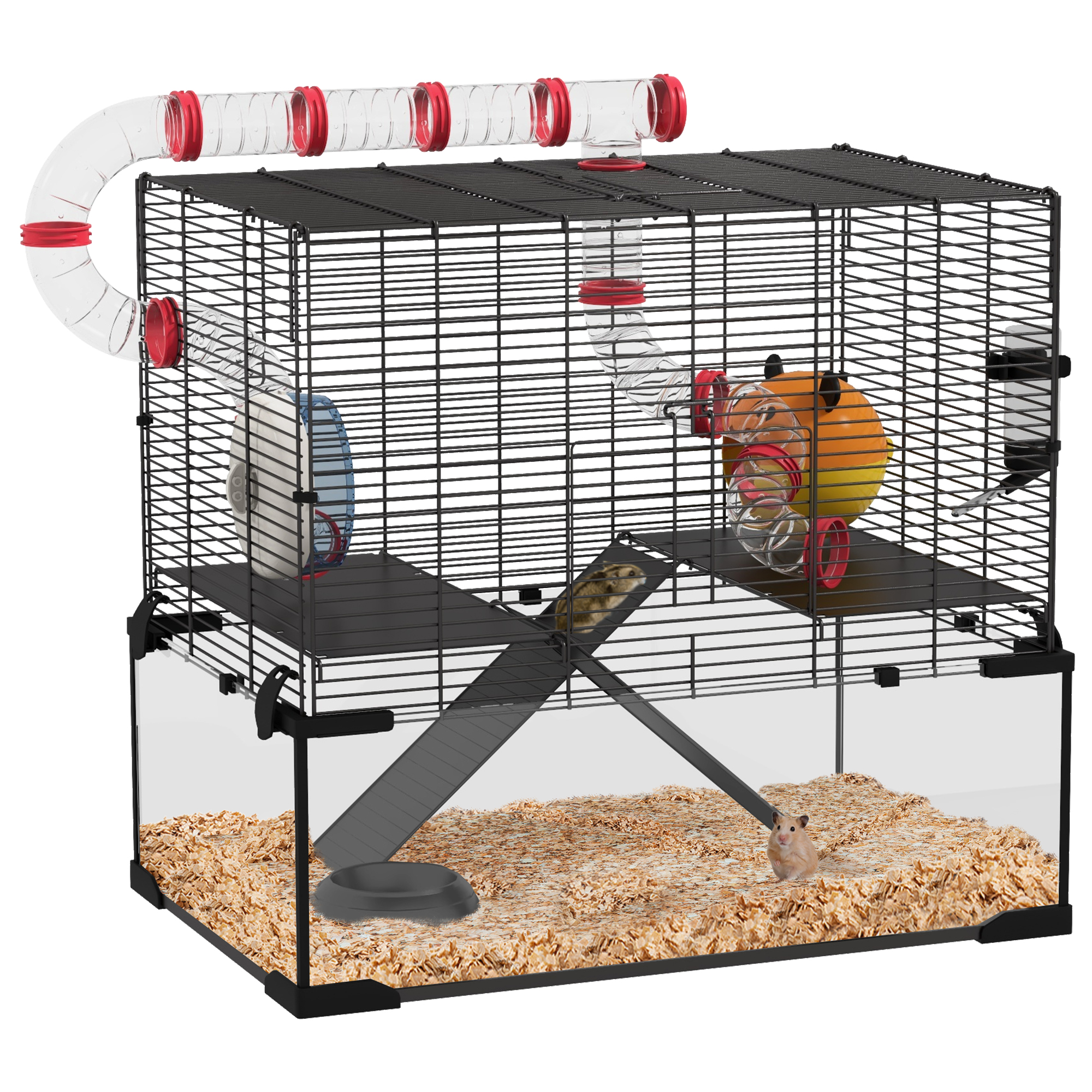 Gerbil Cage Dwarf Hamster Cage, with Deep Glass Bottom, Tunnels, Hut, Exercise Wheel, 60 x 40 x 57cm - Life Essentials