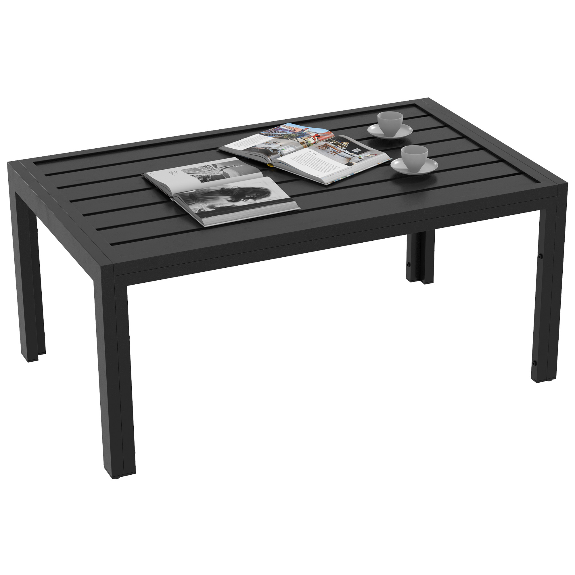 Outdoor Side Table, Rectangular Patio Coffee Side Table with Steel Frame and Slat Tabletop for Garden, Balcony, Black - Life Essentials