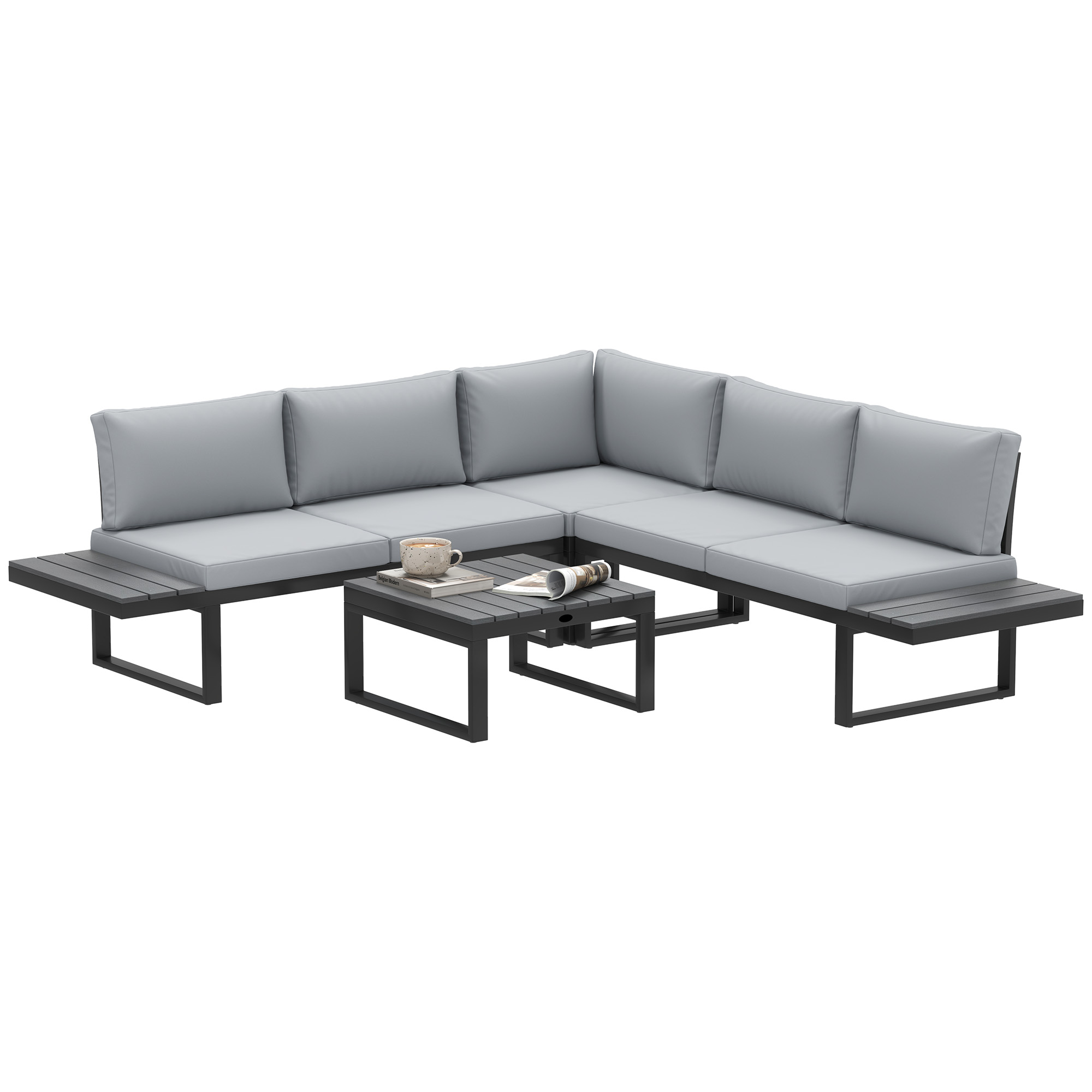 SUNVISTA 4 Pieces Patio Garden Set with 5-Level Recline Corner Sofa, Black Frame Light Grey Cushion - Life Essentials