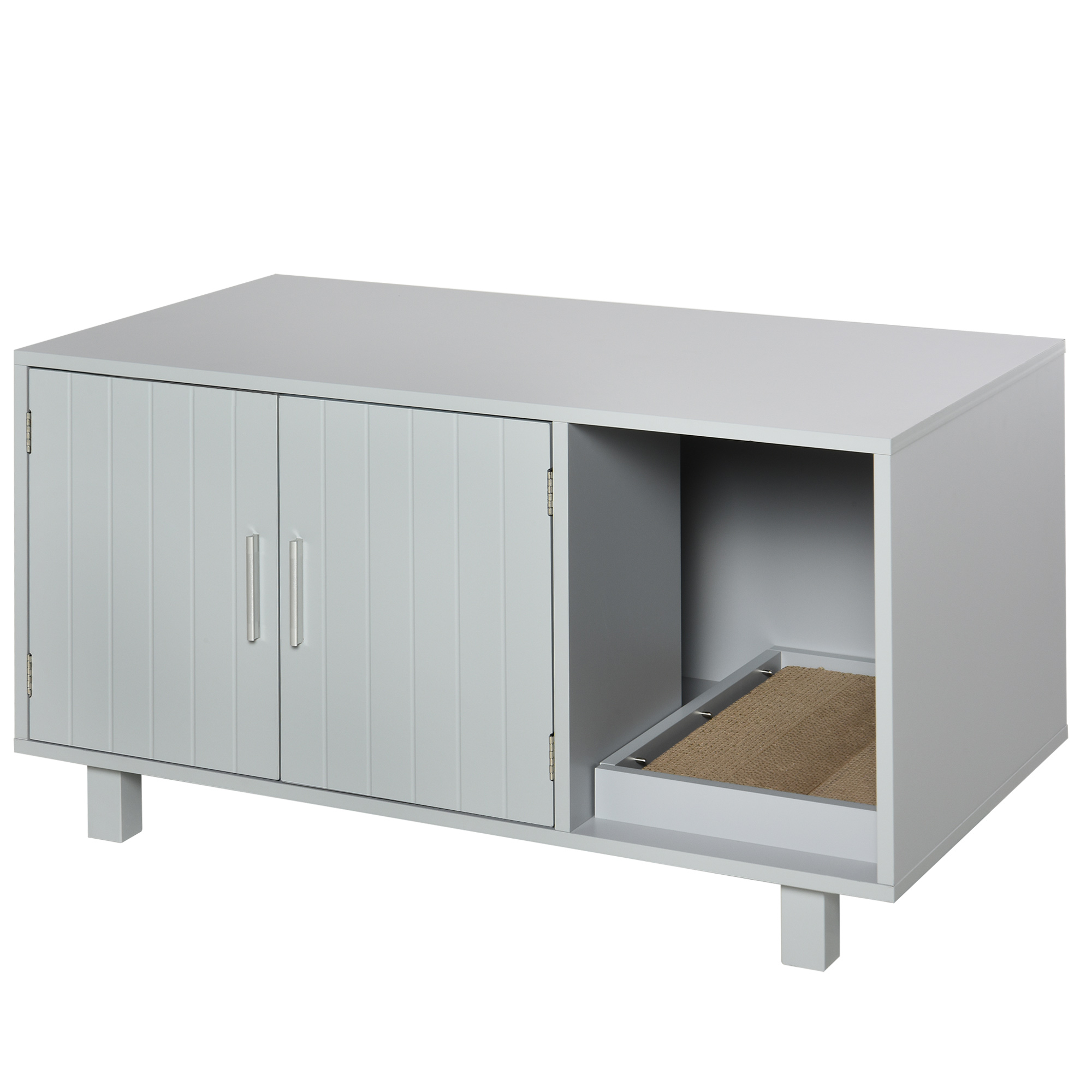 Wooden Cat Litter Box Enclosure & House with Nightstand/End Table Design, Scratcher, & Magnetic Doors, Grey - Life Essentials