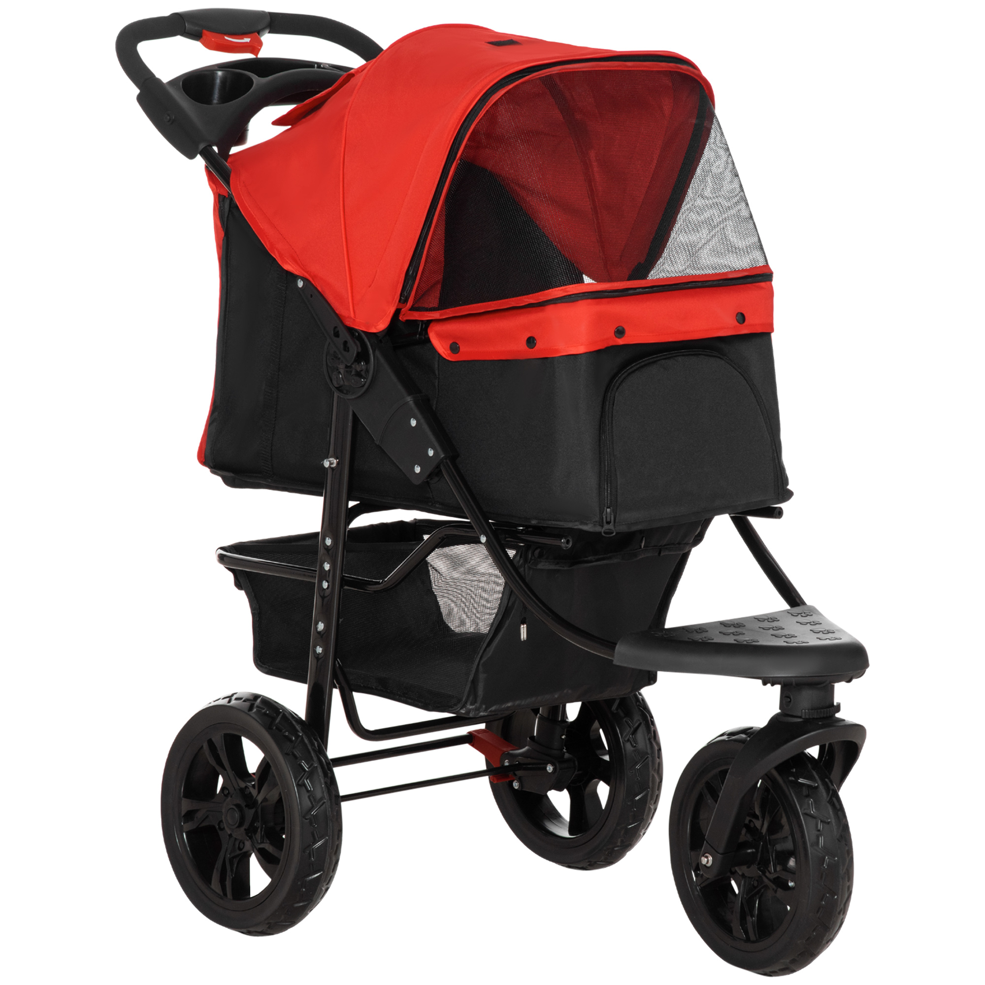 Oxford Cloth Folding 3-Wheel Pet Stroller Dog Trolley Red/Black - Life Essentials
