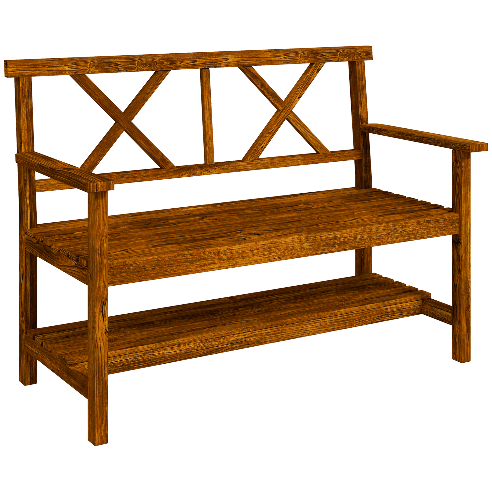 Wooden Garden Bench, 2-Seater Outdoor Bench with Storage Shelf, Backrest, Armrests and Slat Seat for Patio, Lawn, Deck, Carbonized - Life Essentials
