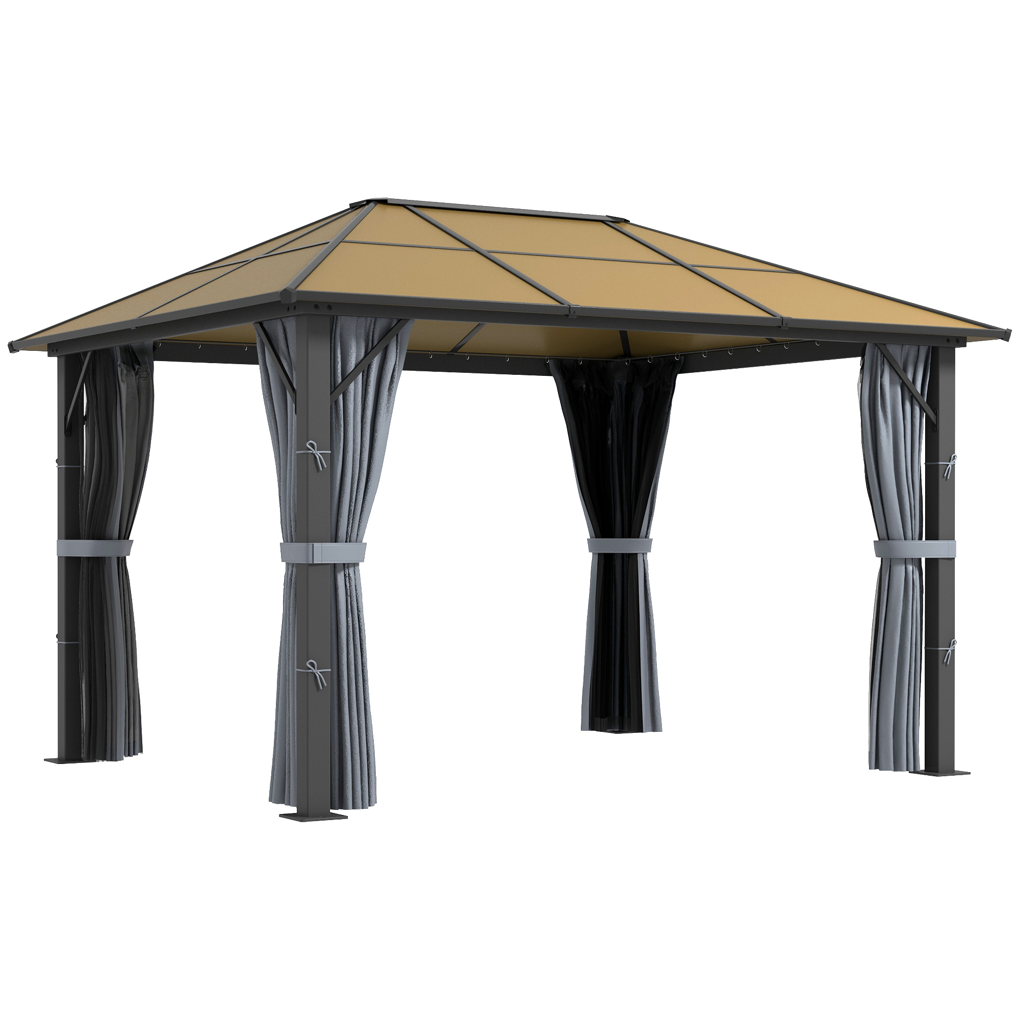 3 x 3.6m Garden Aluminium Gazebo Hardtop Roof Canopy Marquee Party Tent Patio with Mesh Curtains & Side Walls - Grey - Life Essentials
