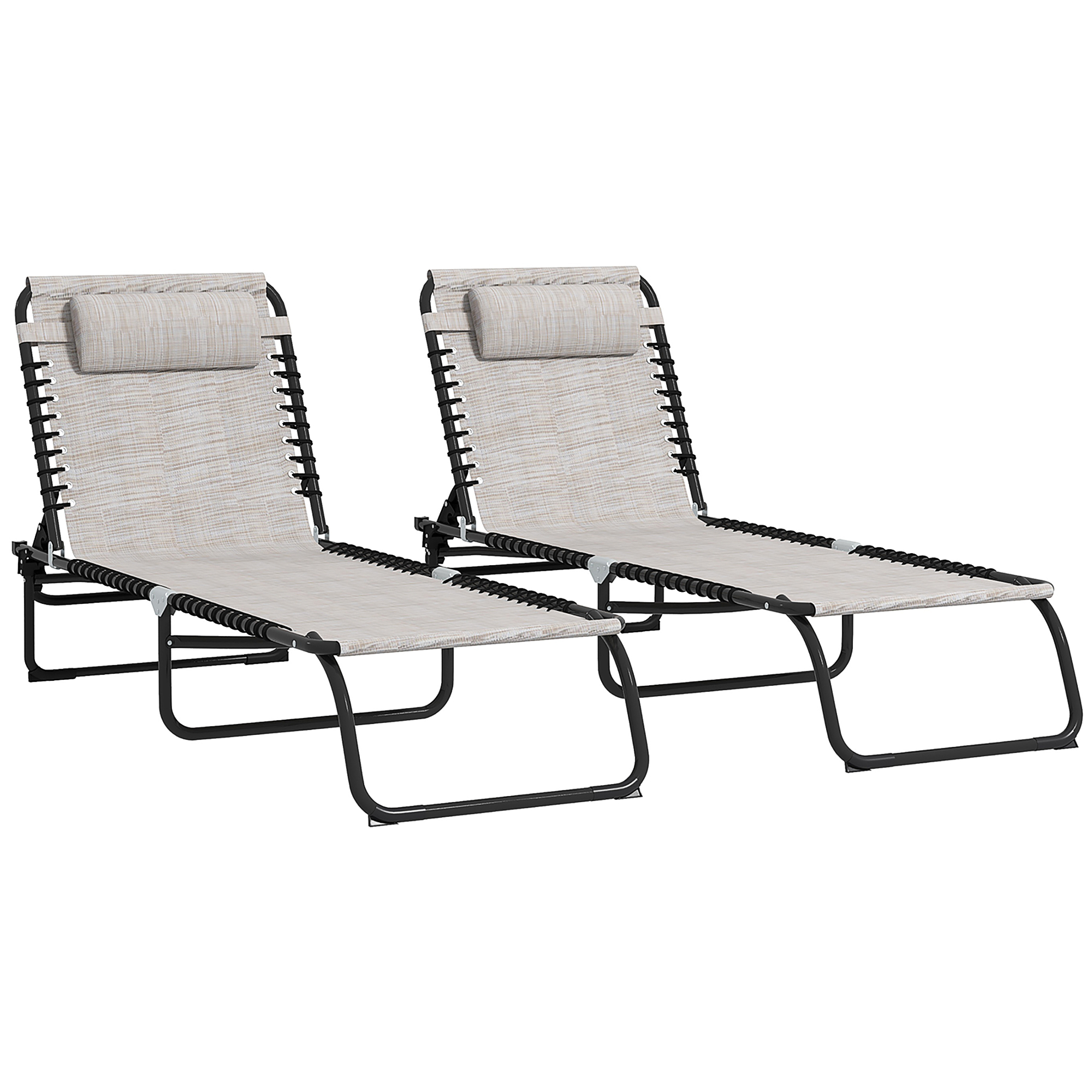2 Pcs Folding Sun Lounger Beach Chaise Chair Garden Cot Camping Recliner with 4 Position Adjustable Cream White - Life Essentials