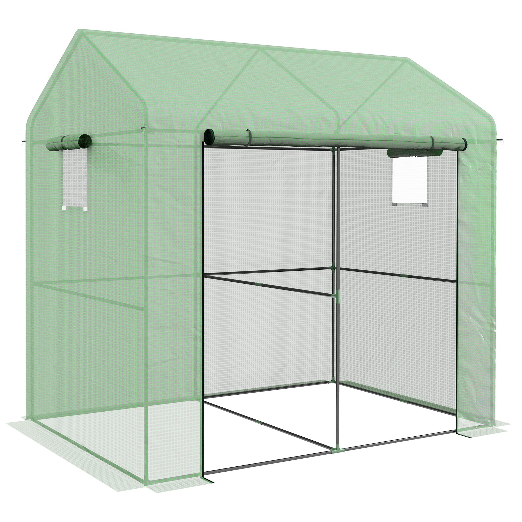 Greenhouse, Walk-in Garden Grow House with Roll-up Door and Mesh Windows, 200 x 140 x 200cm, Green - Life Essentials