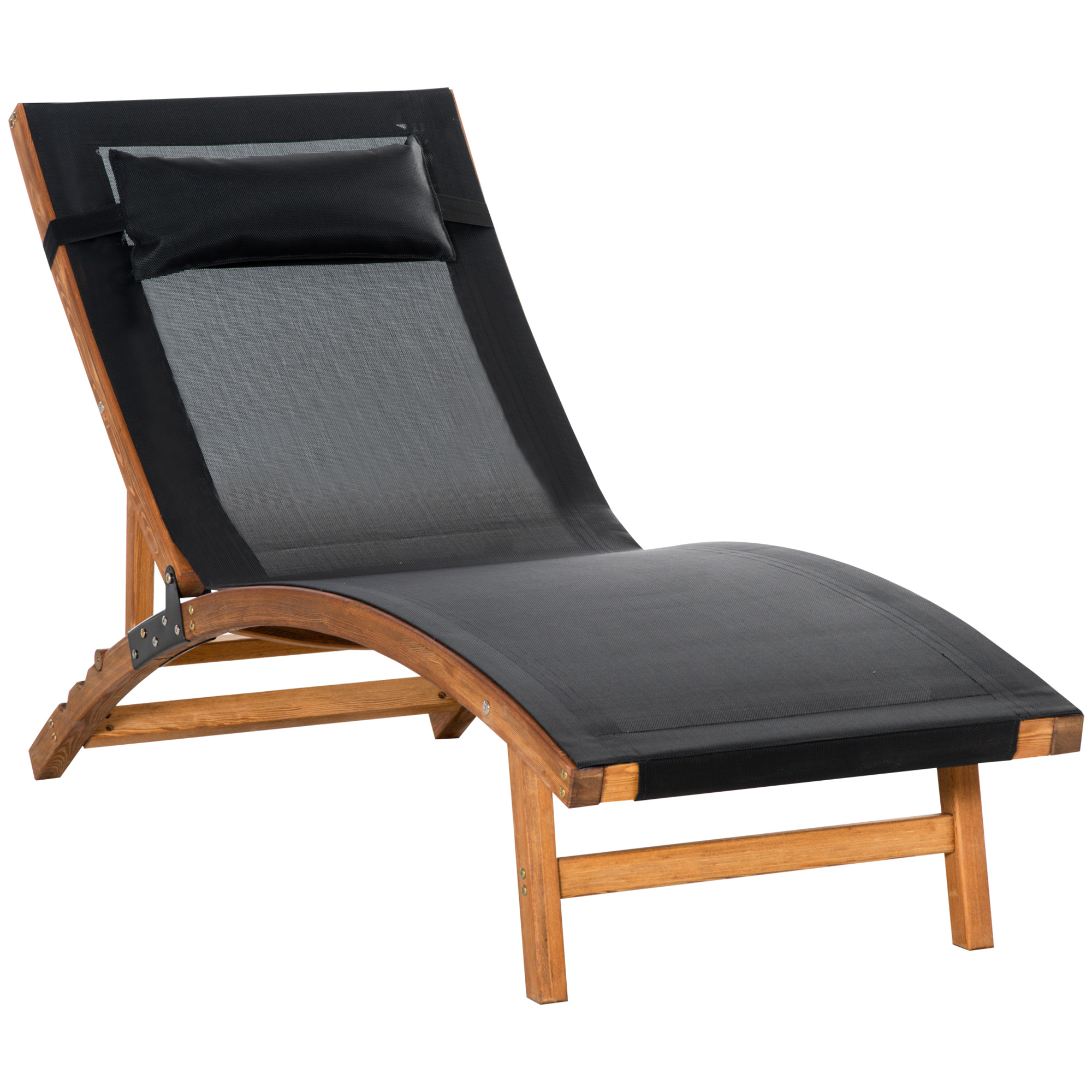 Ergonomic Patio Lounge Chair Wooden Outdoor Chaise w/ 3 Adjustable Back and Removable Headrest Pillow for Garden Black - Life Essentials