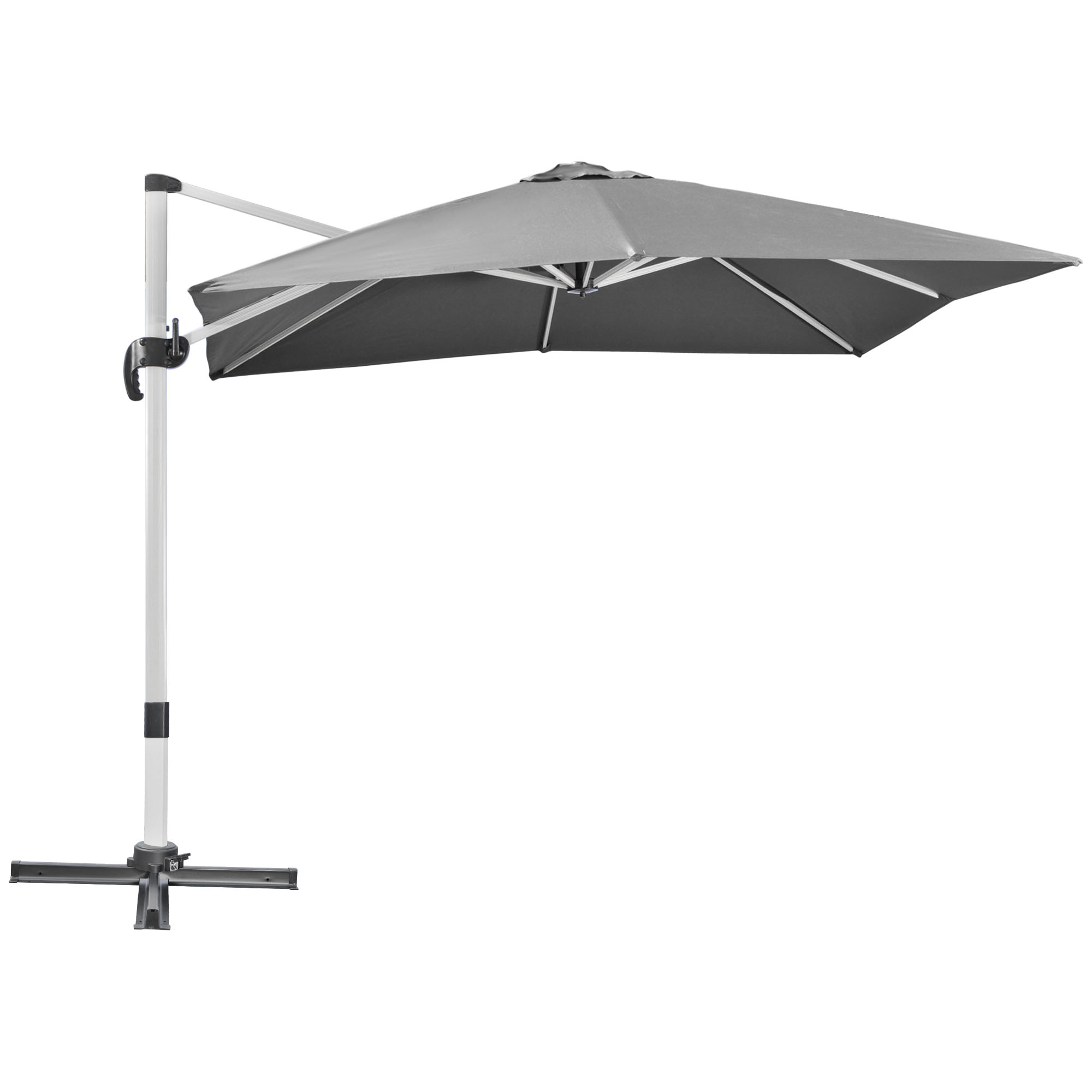 3 x 3M Cantilever Parasol, Square Garden Umbrella with Cross Base, Crank Handle, Tilt, 360° Rotation and Aluminium Frame, Grey - Life Essentials