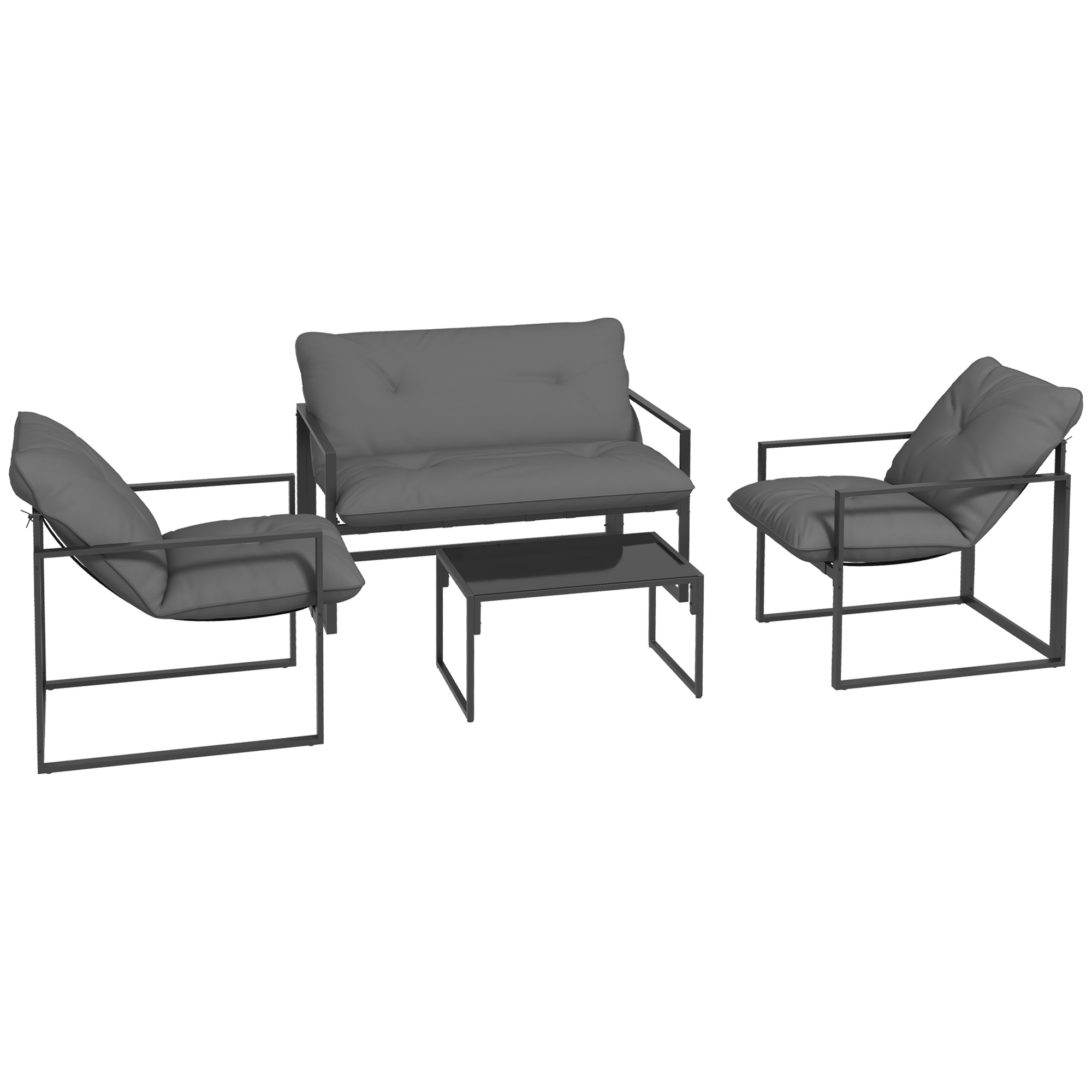 4 Piece Garden Sofa Set 2 Single Armchair, Loveseat and Coffee Table Set Steel Frame Patio Furniture with Thick Cushions, Grey - Life Essentials