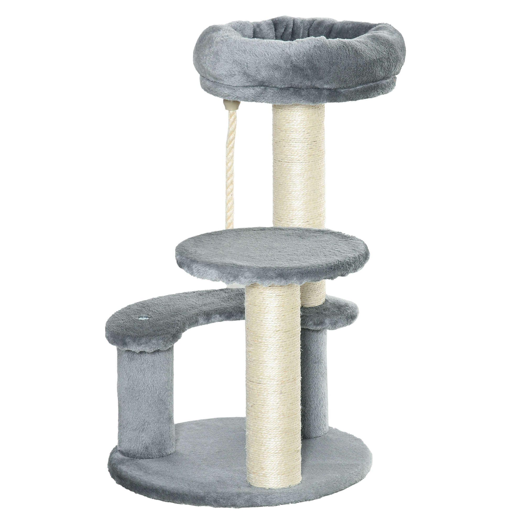 65 cm Cat Tree Kitty Scratcher Kitten Activity Center Scratching Post Playhouse 2 Perch w/Hanging Sisal Rope Grey - Life Essentials