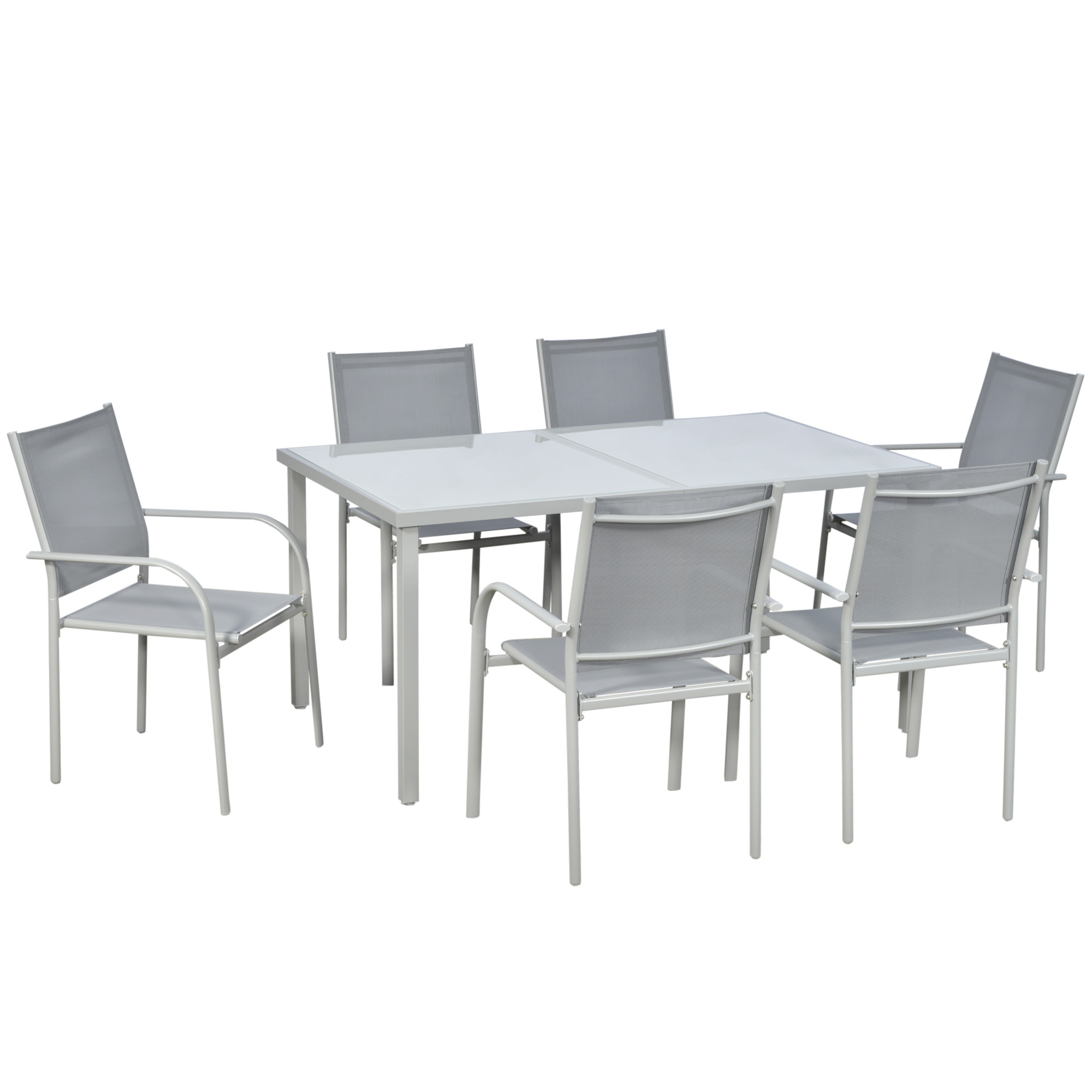 7 Piece Garden Dining Set, Outdoor Table and 6 Stackable Chairs, Steel Frame, Tempered Glass Top Table, Mesh Seats, Grey - Life Essentials