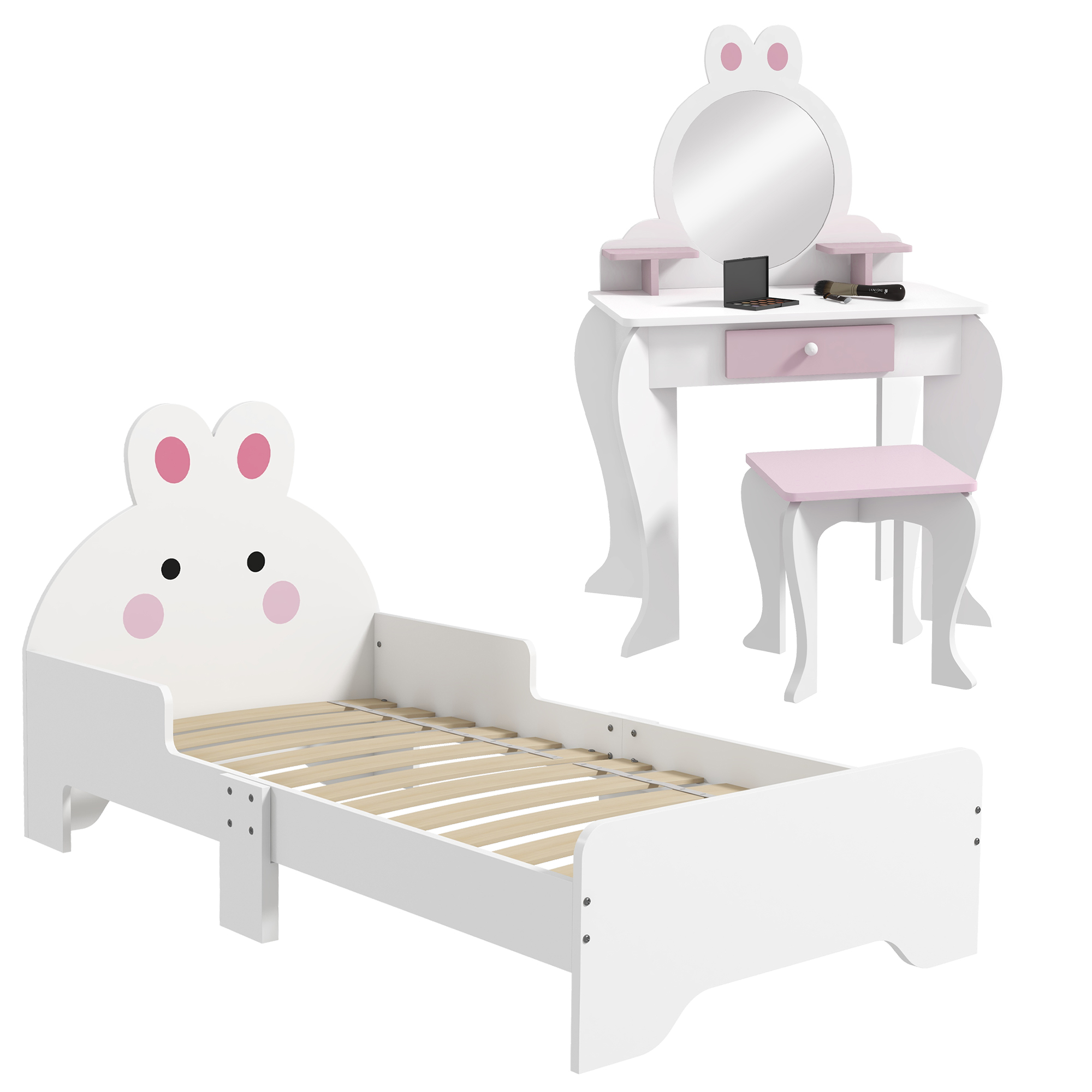 ZONEKIZ Wooden Kids Bedroom Furniture Set with Kids Dressing Table, Stool, Bed, for 3-6 Years, Bunny-Design - Life Essentials