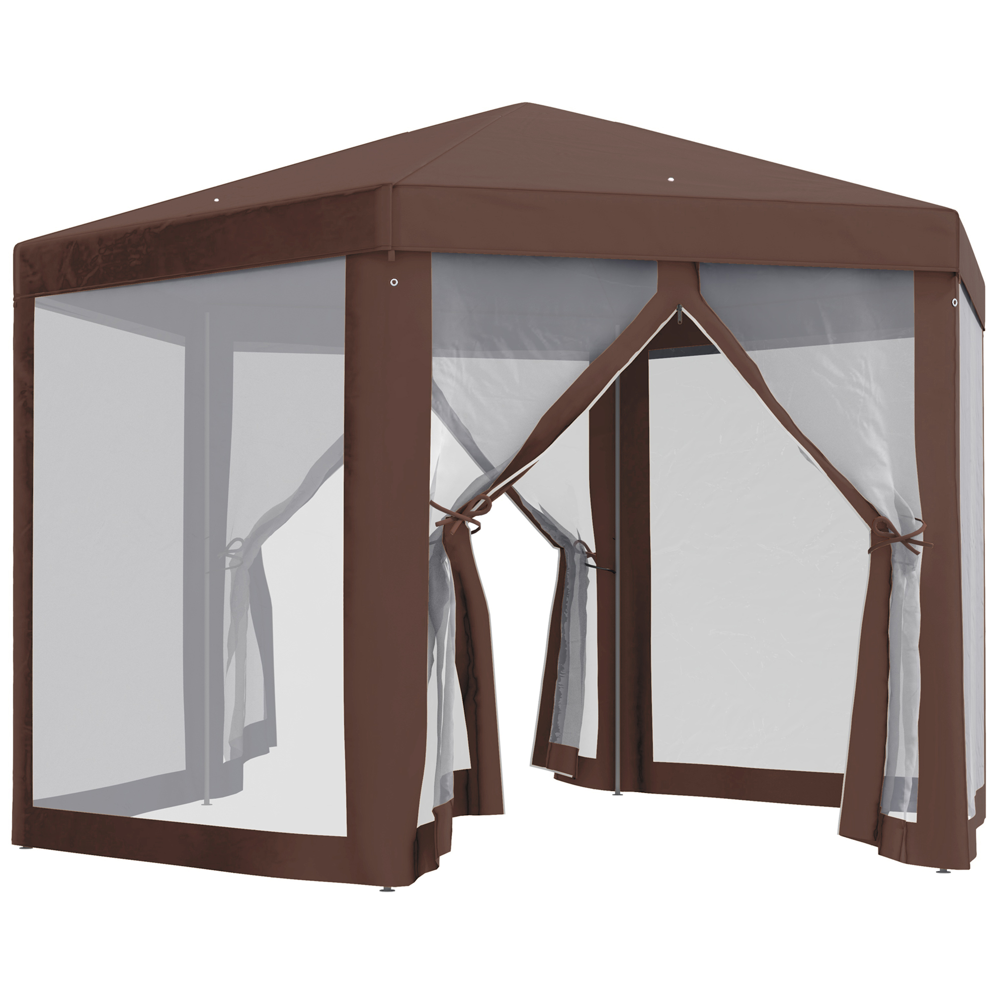 Hexagonal Garden Gazebo Patio Party Outdoor Canopy Tent Sun Shelter with Mosquito Netting and Zipped Door, Brown - Life Essentials