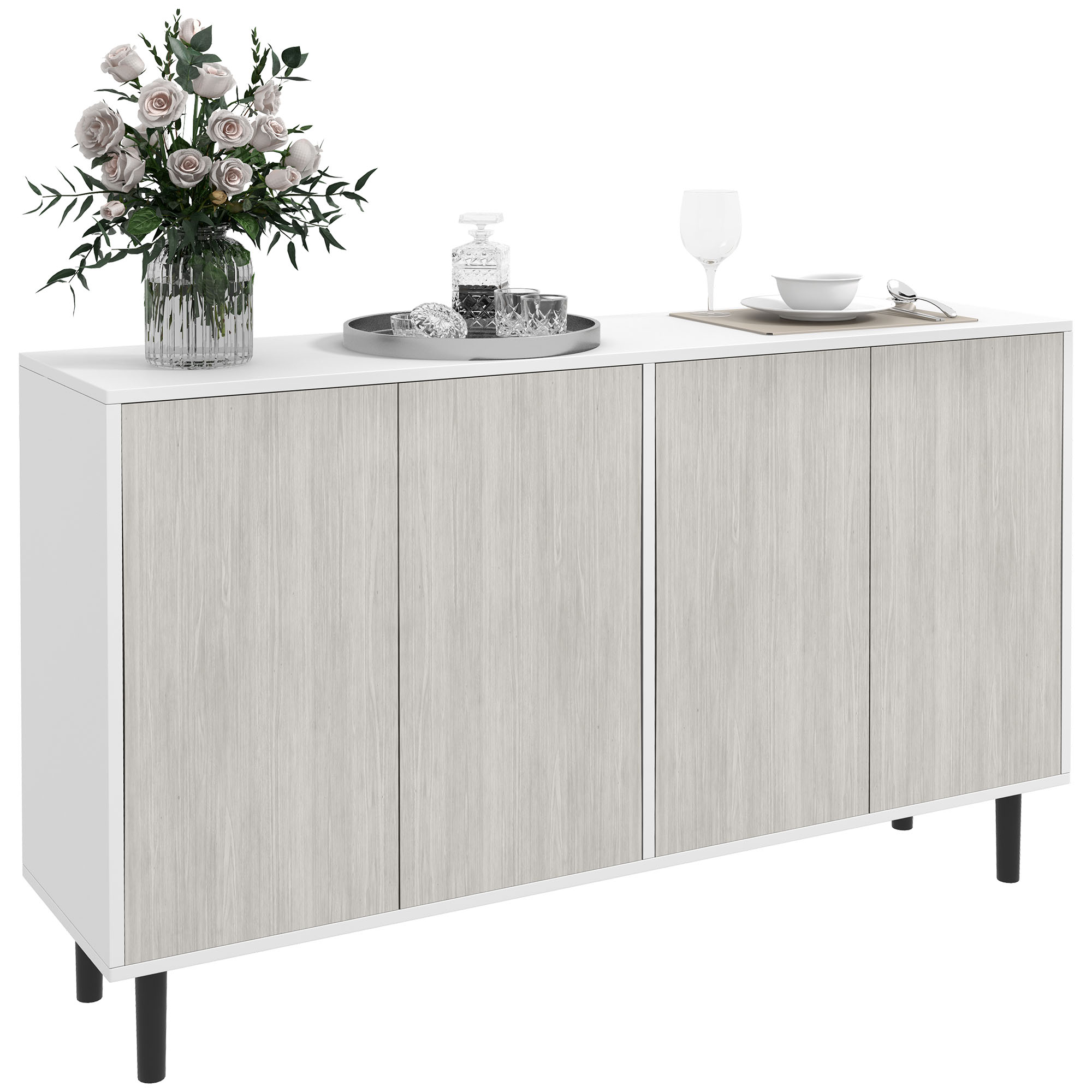 Kitchen Sideboard Storage Cabinet for Living Room with Adjustable Shelves 4 Doors and Pine Wood Legs White - Life Essentials