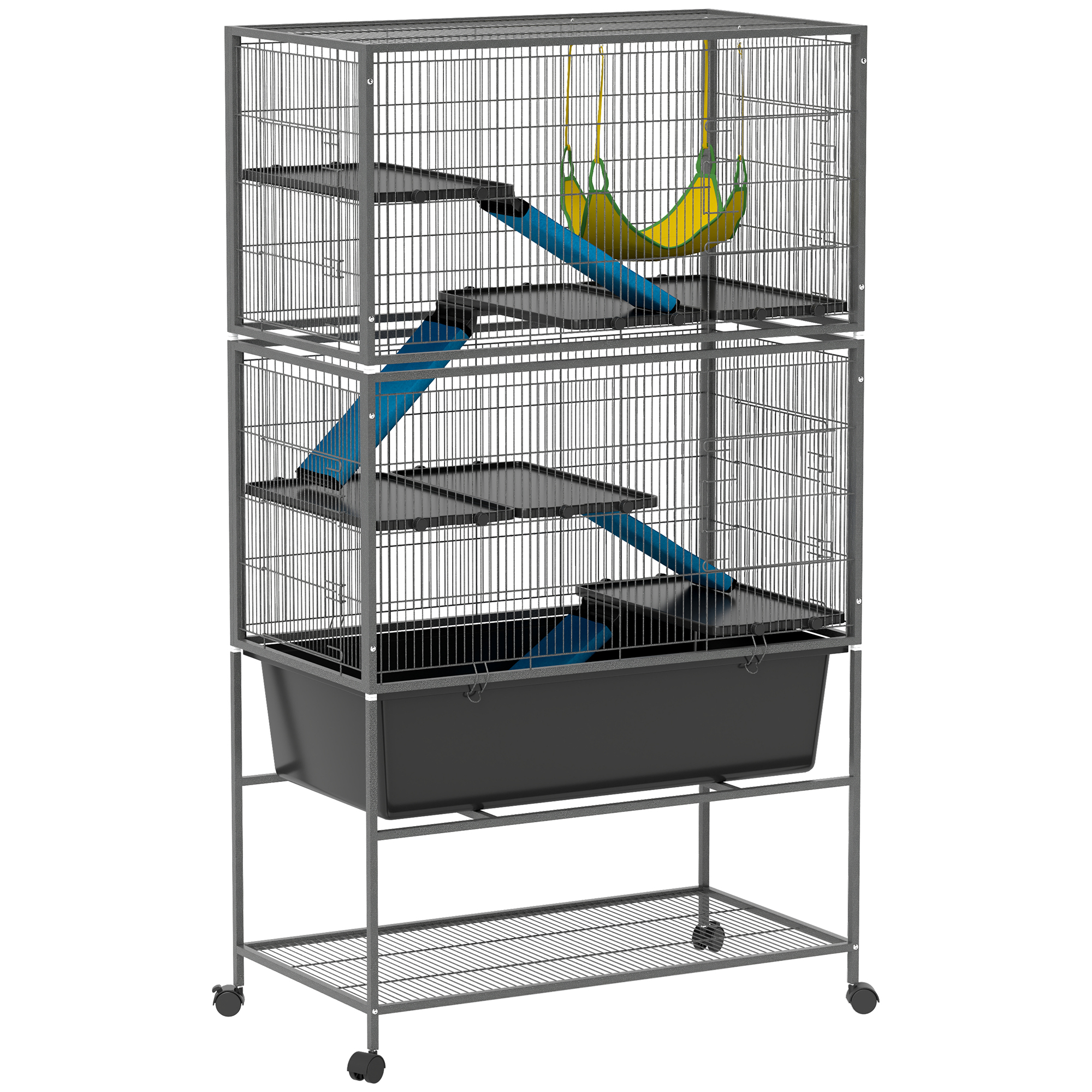 PAWSTER 5 Levels Rolling Small Animal Cage with Non Slip Ramps, Slide Out 16cm Deep Tray, 88 x 48 x 150.5cm, Dark Grey - Life Essentials