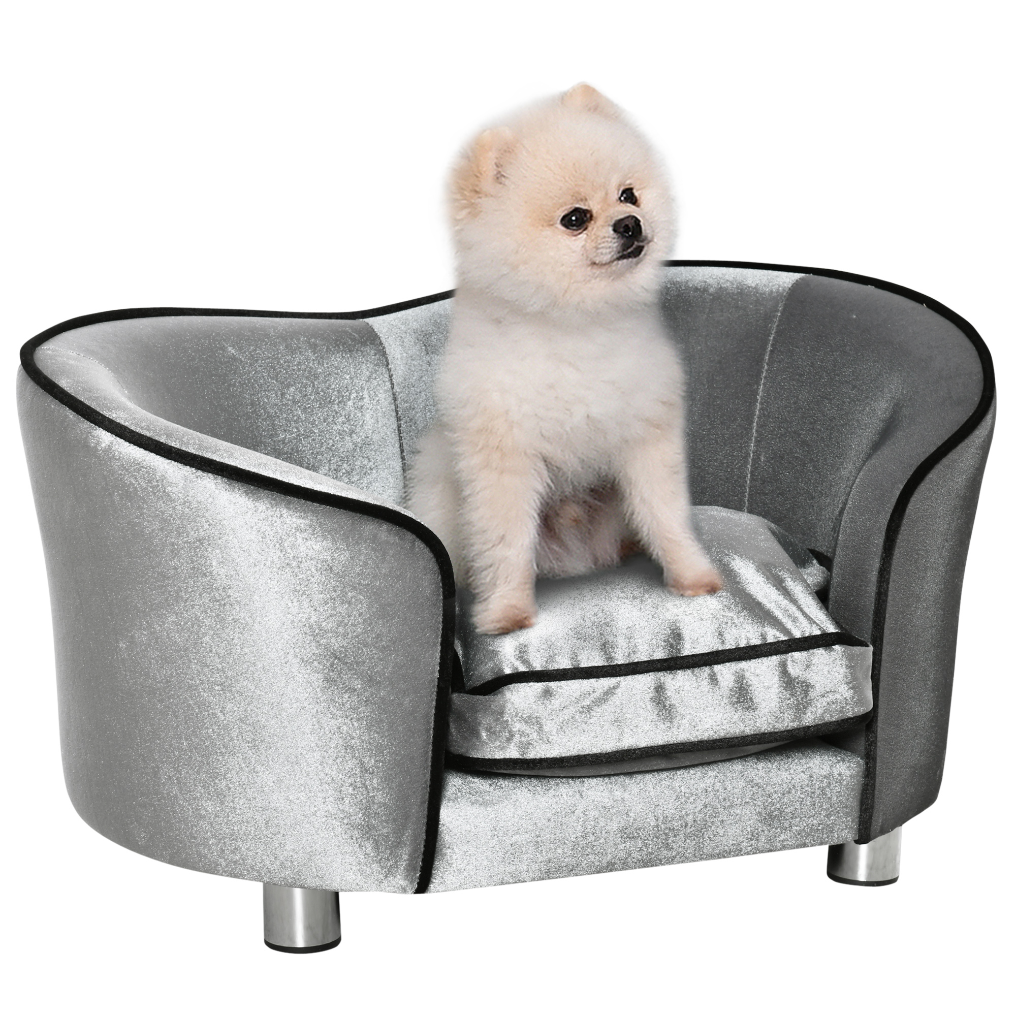 Pet Sofa Couch, Dog Bed, Cat Lounger, with Storage Pocket Removable Cushion Modern Furniture for Small Dogs, 69 x 49 x 38cm, Silver Grey - Life 
