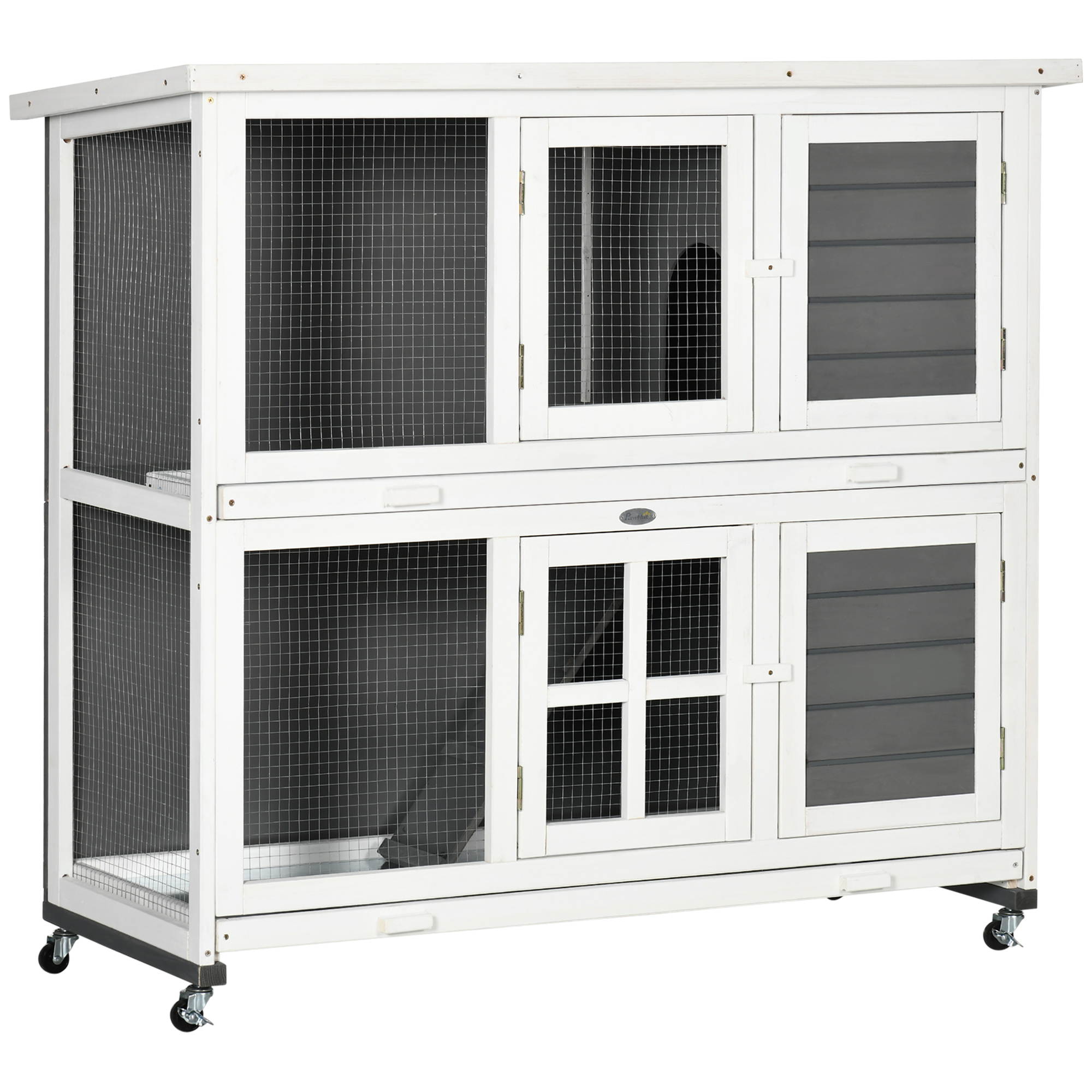 Wooden Rabbit Hutch with Wheels, Guinea Pig Cage, Small Animal House for Outdoor & Indoor with Slide-out Trays, 119 x 50.5 x 109cm, Grey - Life 