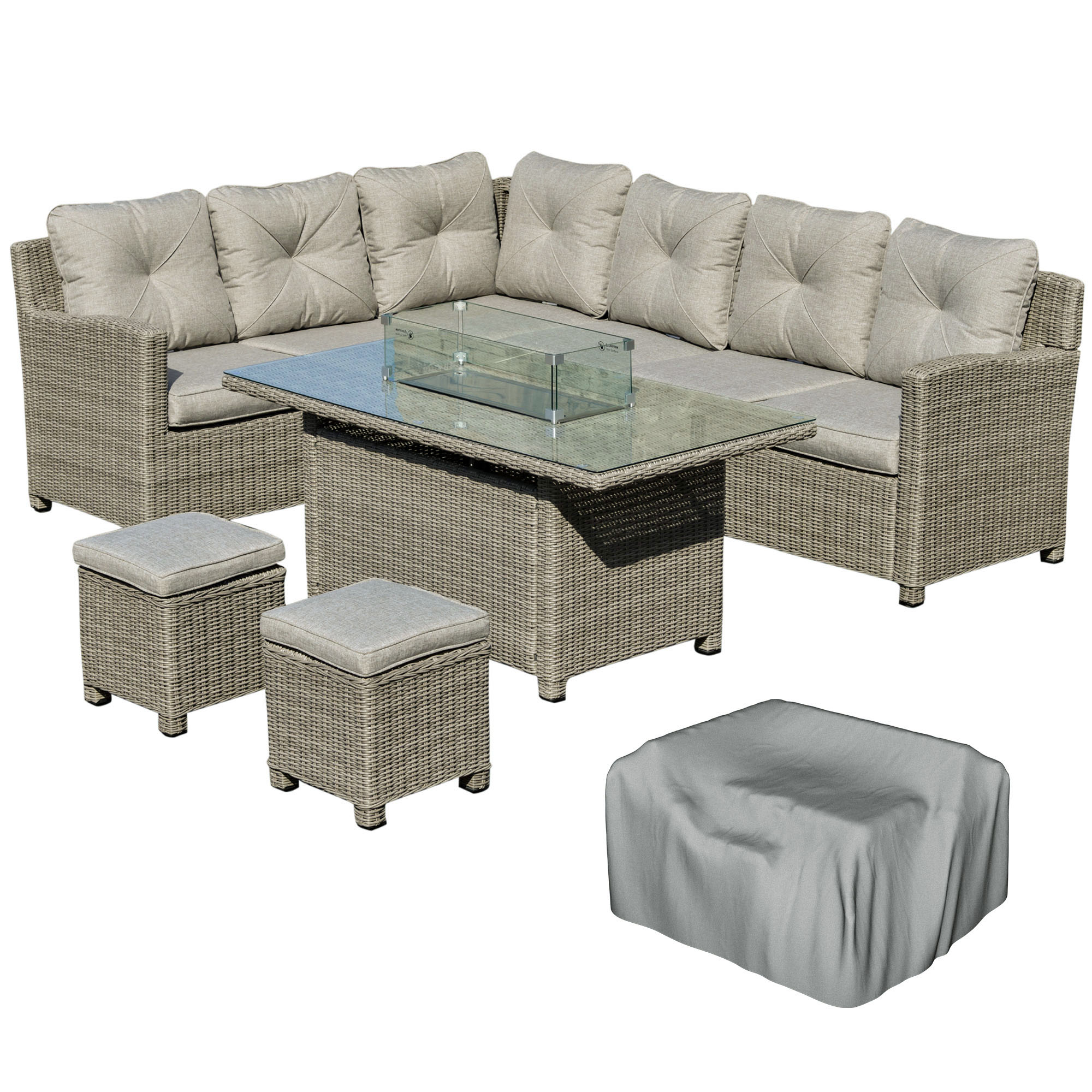 8-Seater Outdoor PE Rattan Sofa Set Conversation Set w/ Fire Pit Table, L-Shape Sofa, Footstool, Olefin Cushions and Furniture Cover - Life Essentials