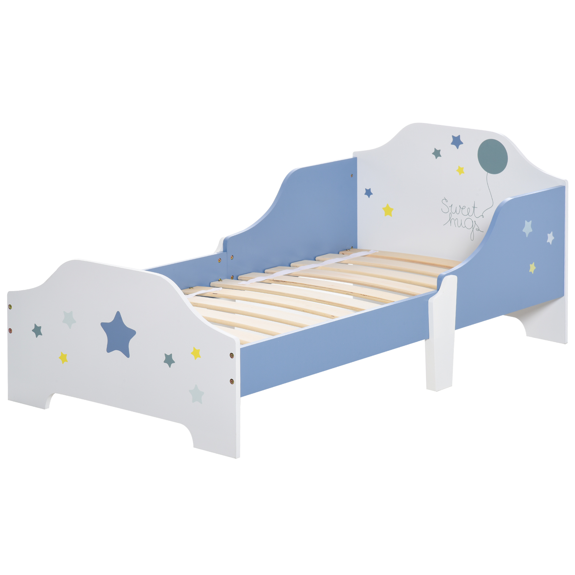 Kids Toddler Wooden Bed Round Edged with Guardrails Stars Image 143 x 74 x 59 cm Blue - Life Essentials