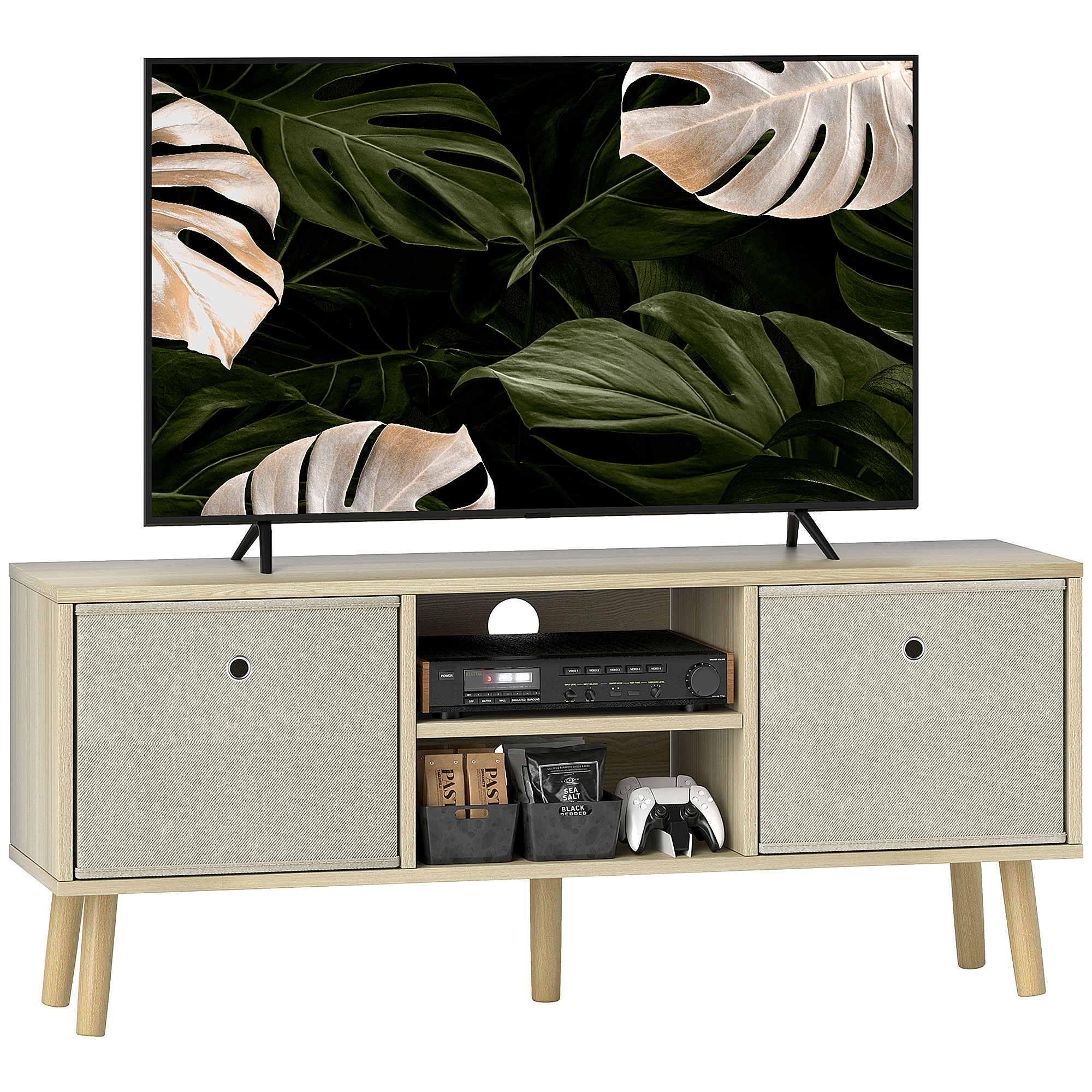 HERON TV Cabinet Stand Unit for TVs up to 50'' with Foldable Drawers, Entertainment Centre for Living Room Natural - Life Essentials
