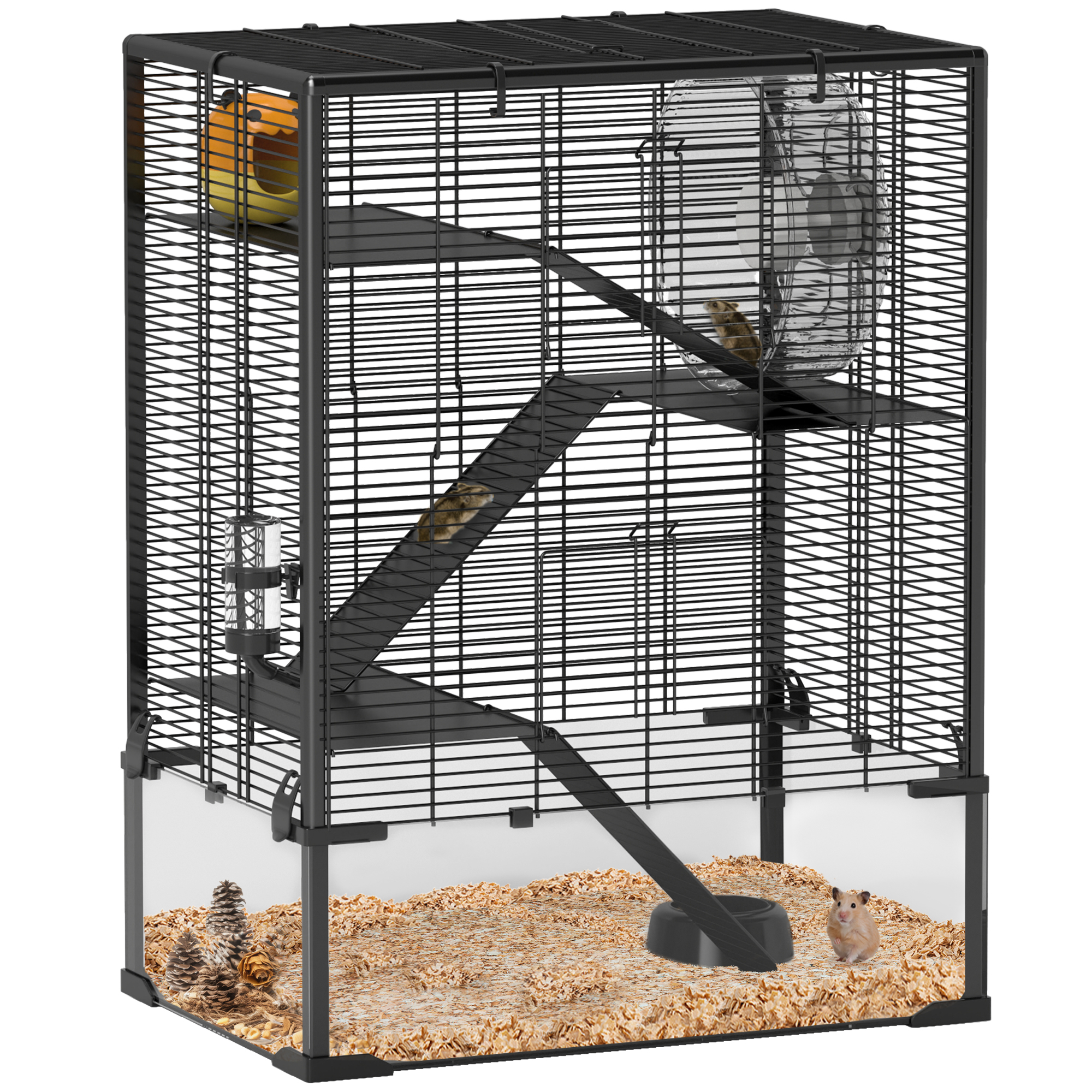 PAWSTER 4 Tiers Hamster Cage with Deep Tempered Glass Bottom, Hut, Running Wheel, Food Dish, Water Bottle, 60 x 40 x 80cm - Life Essentials