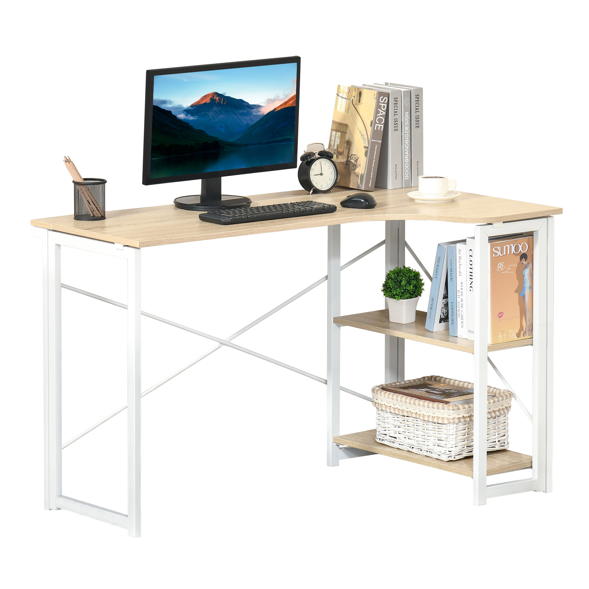 L-Shaped Computer Desk, Folding Home Office Corner Desk Study Workstation Table with 2 Shelves, Oak Tone - Life Essentials