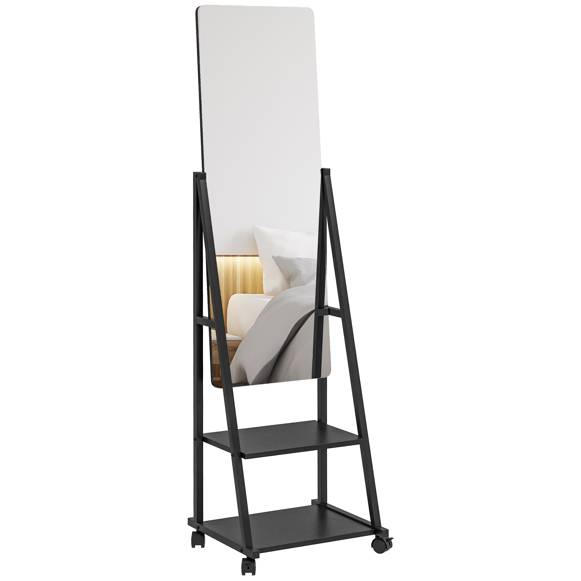 Free Standing Dressing Mirror, Rolling Full Length Mirror on Wheels with Adjustable Angle, Storage Shelves for Bedroom - Life Essentials