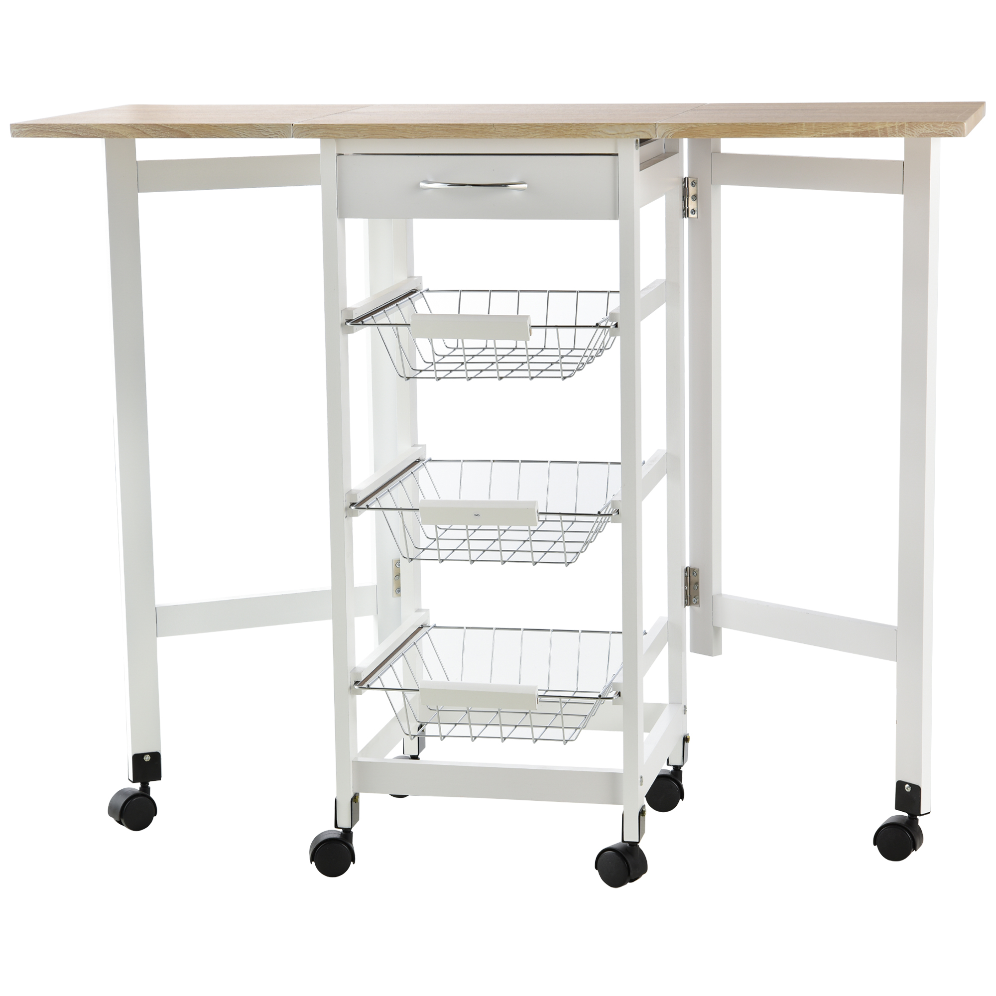 Drop-Leaf Kitchen Trolley w/ 3 Baskets Drawer Surface Top 6 Wheels Rolling Storage Unit Kitchen Home Dining Cart White Oak Tone - Life Essentials