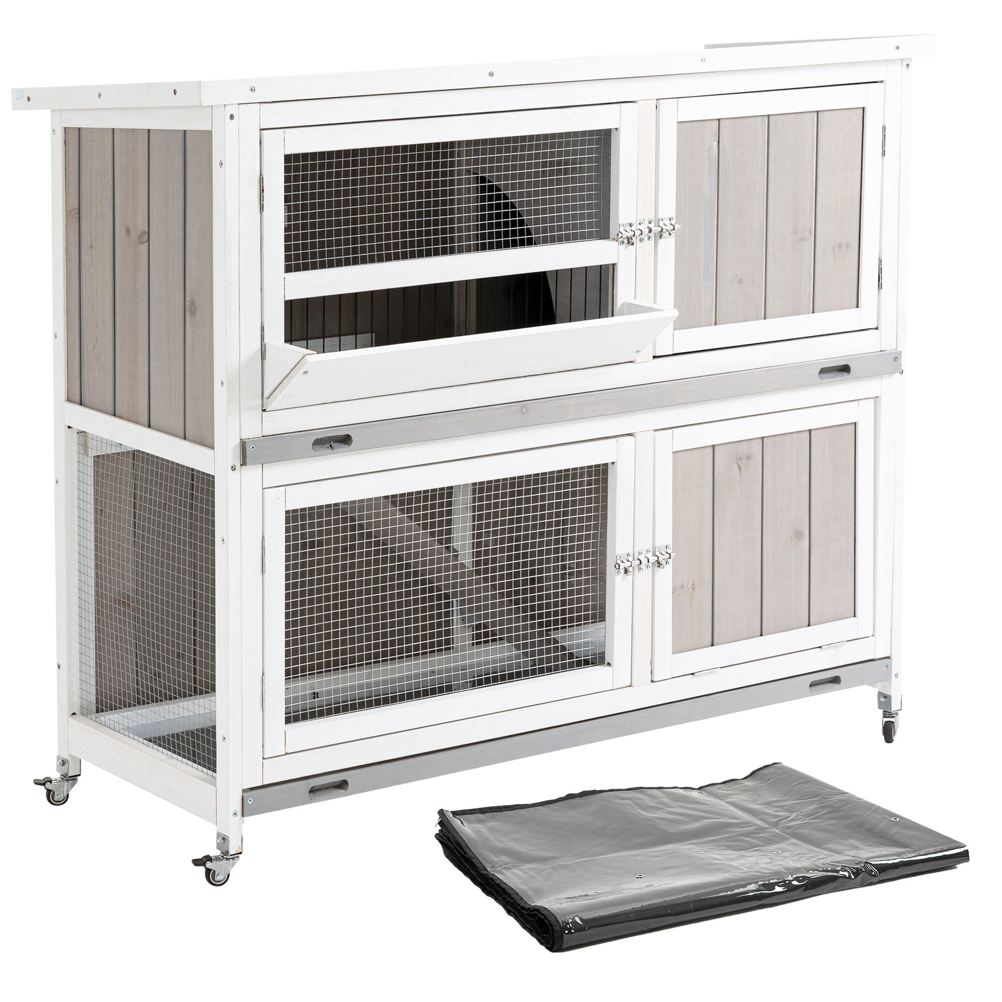 Wooden Rabbit Hutch Two-Tier Guinea Pig Cage Elevated Multi-Door Pet House Bunny Cage w/ Rain Cover, Wheels, Slide-Out Tray, Grey - Life Essentials