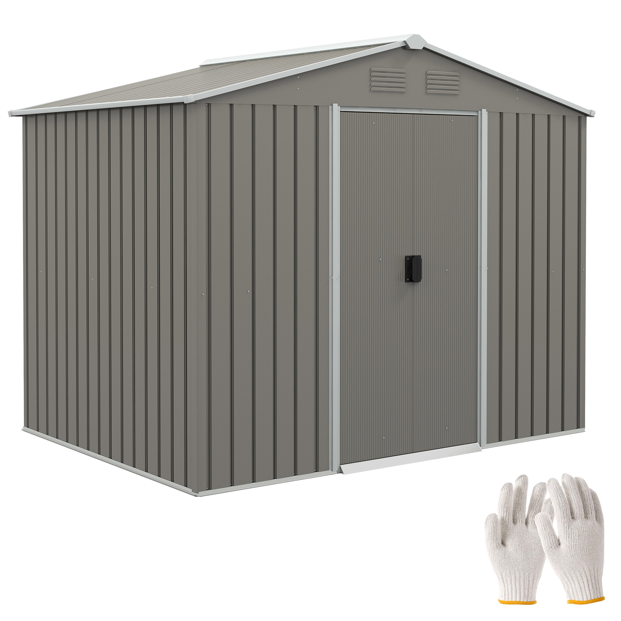 8 x 6ft Outdoor Garden Storage Shed, Metal Tool House with Ventilation and Sliding Doors, Light Grey - Life Essentials