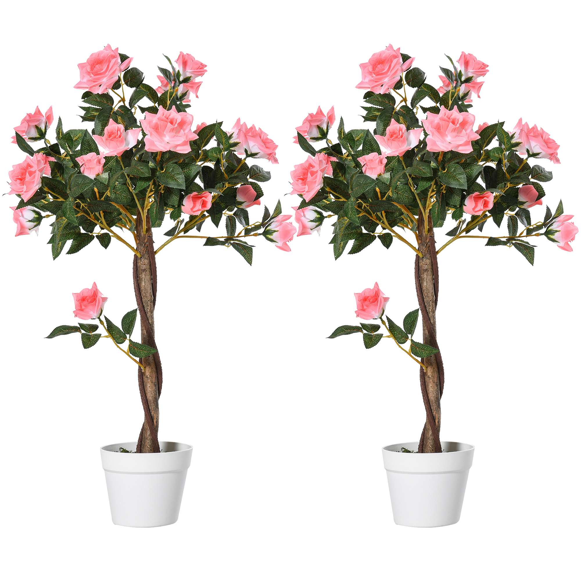 Set of 2 Artificial Plants Pink Rose Floral in Pot, Fake Plants for Home Indoor Outdoor Decor, 90cm - Life Essentials