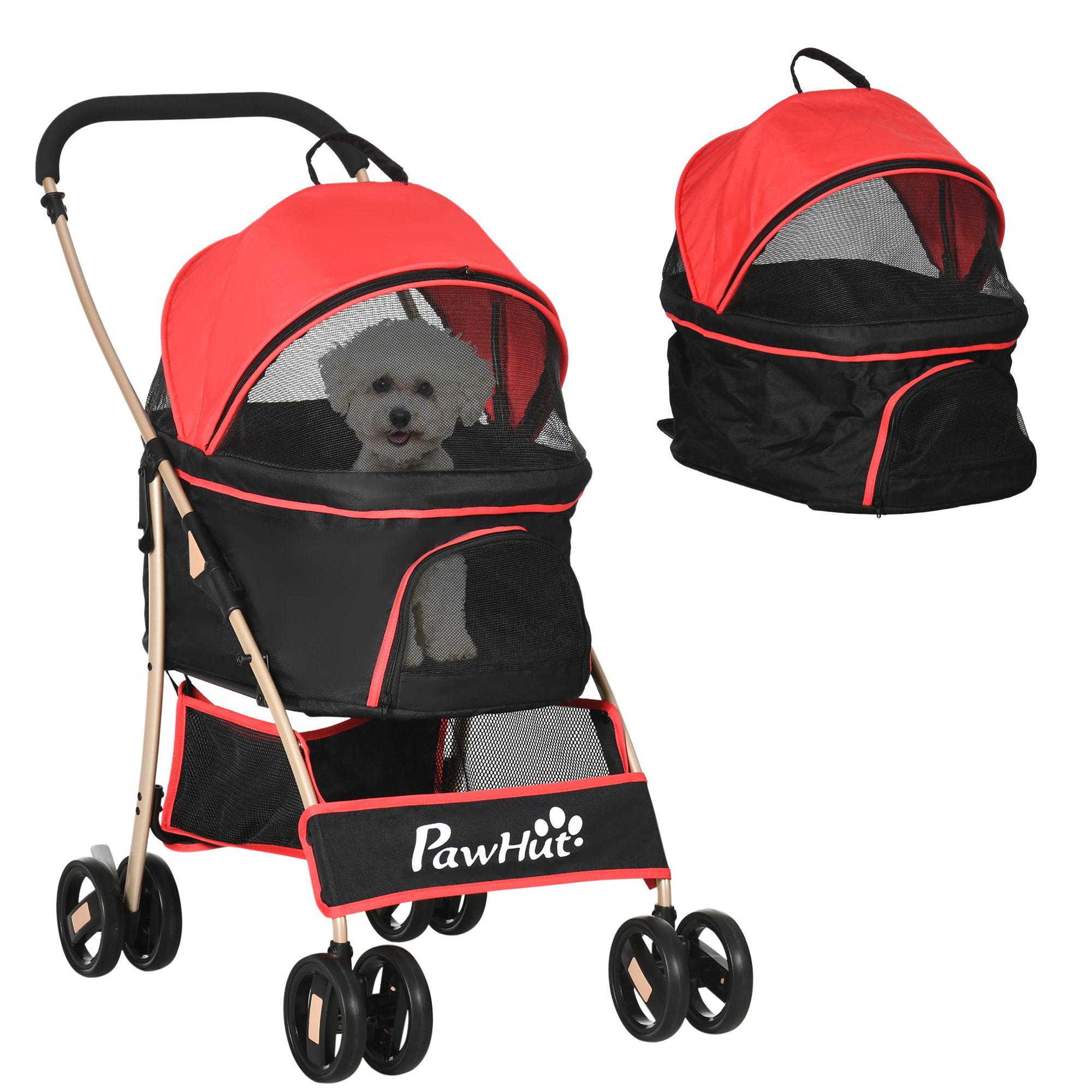 Detachable Pet Stroller, 3-In-1 Dog Cat Travel Carriage, Foldable Carrying Bag with Universal Wheel Brake Canopy Basket Storage Bag, Red - Life 