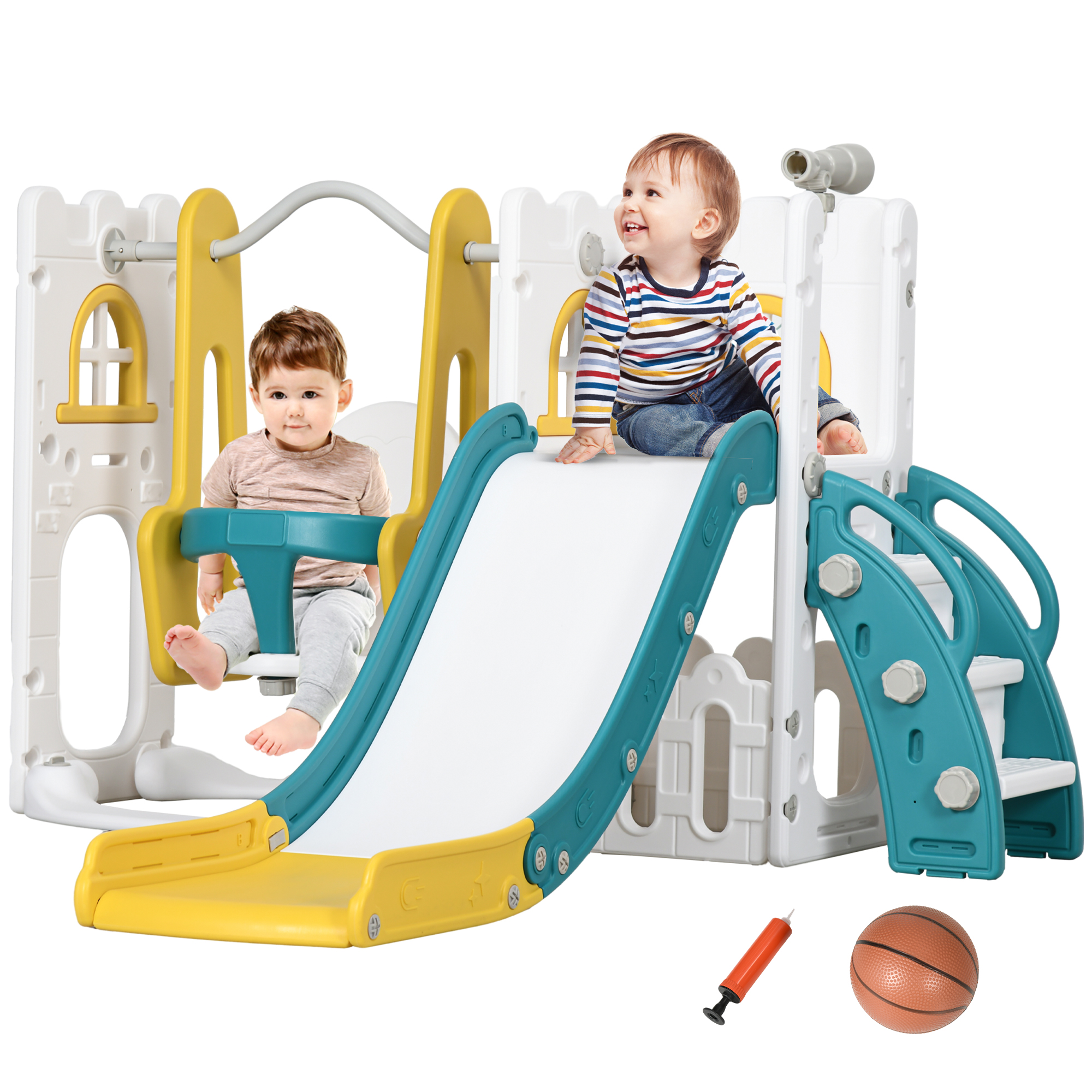 Kinsey 6-in-1 Swing Slide Set Kids Playground with Basketball Hoop - Yellow - Life Essentials