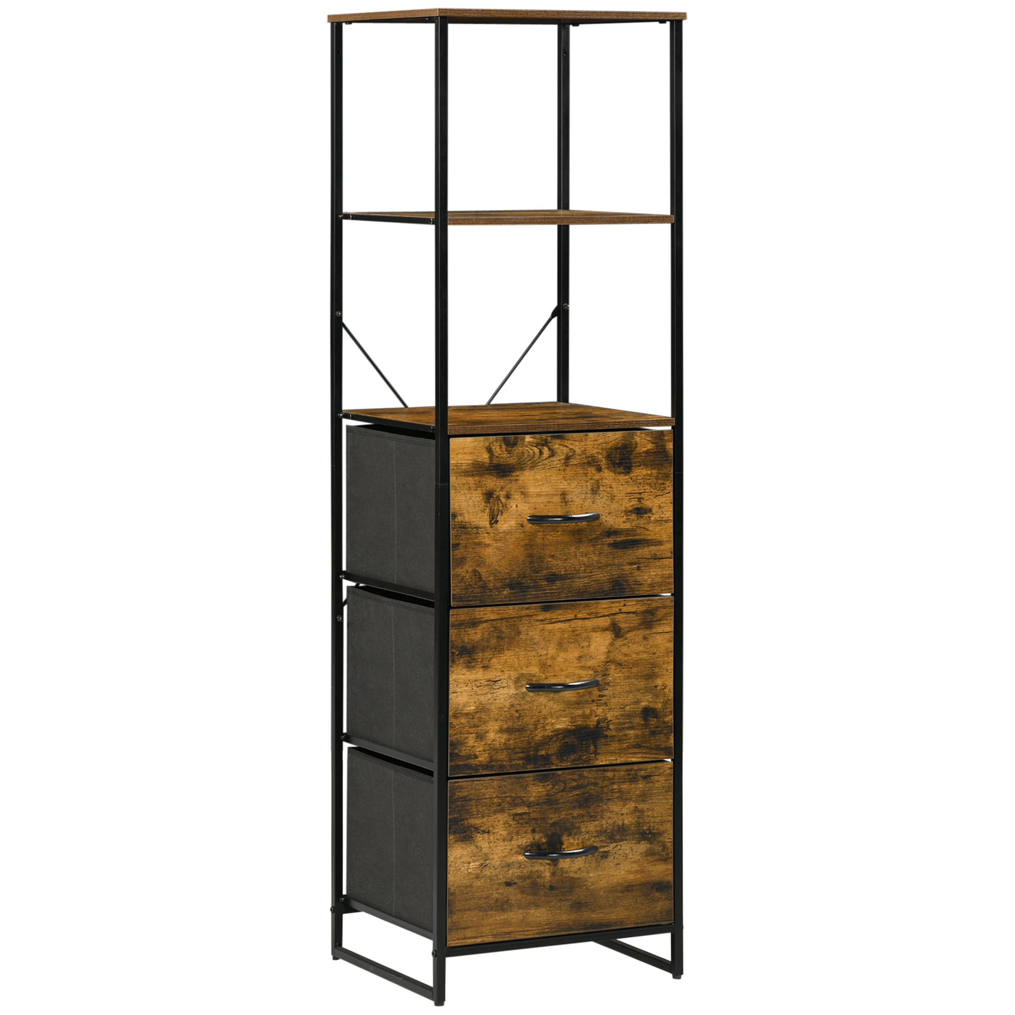 Industrial Storage Cabinet with 2 Open Shelves and 3 Foldable Fabric Drawers, Multifunctional Bookshelf in Living Room, Study, Rustic Brown - Life 