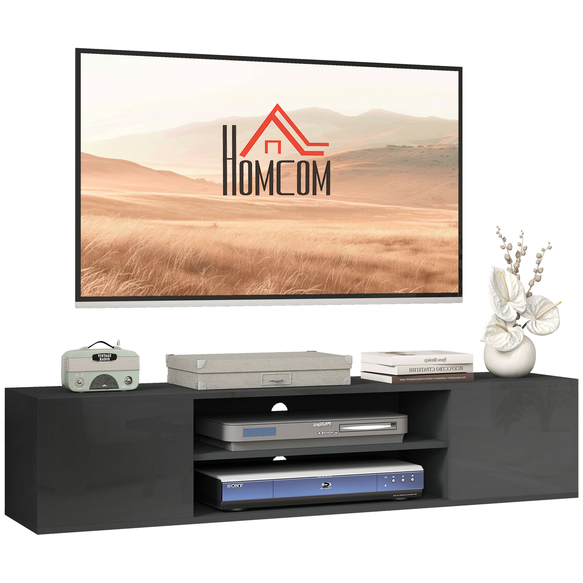 Floating TV Stand Cabinet for TVs up to 60", Wall Mounted TV Unit with Open Shelf, Storage Cupboards and Cable Management for Living Room, Grey - Life