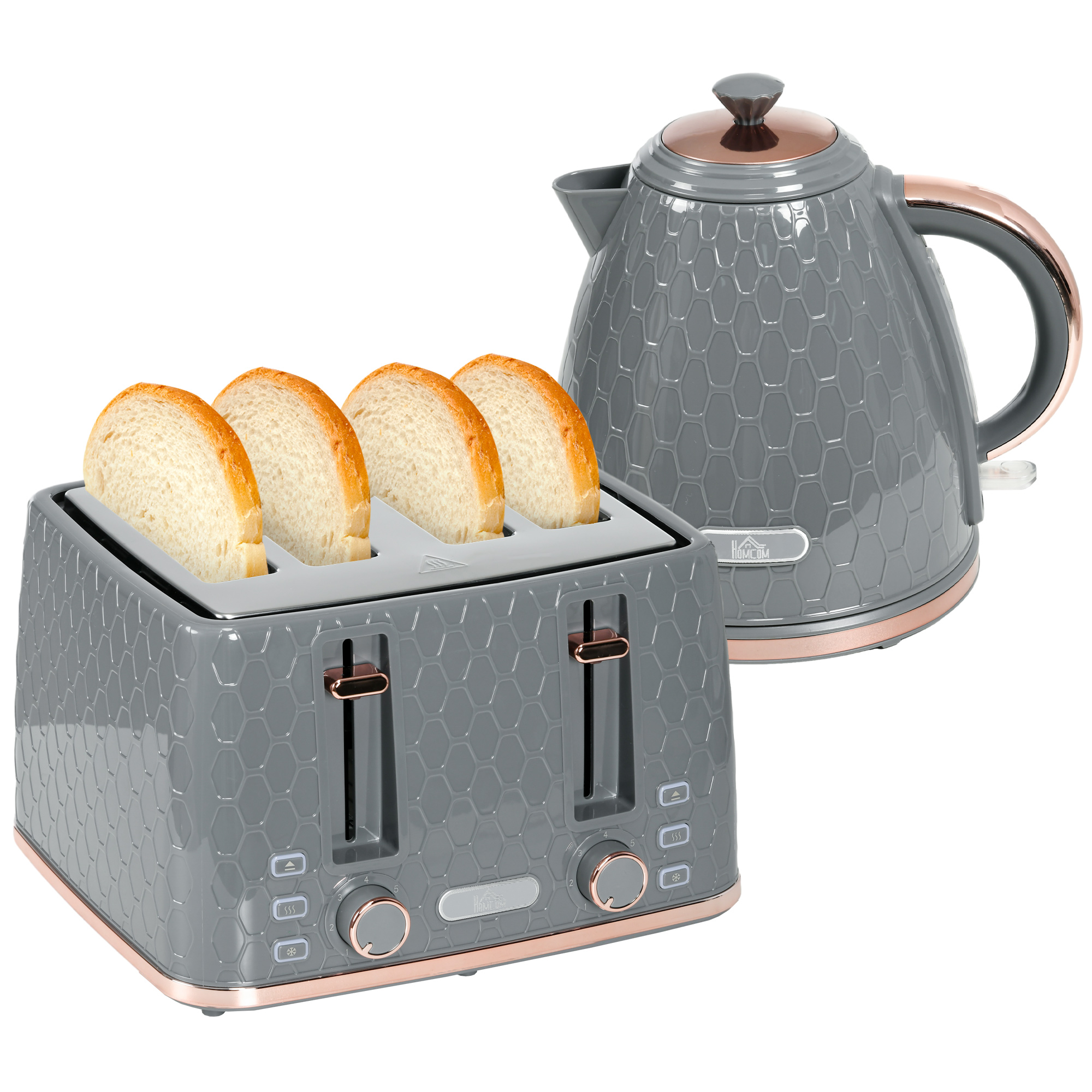 1.7L 3000W Fast Boil Kettle & 4 Slice Toaster Set, Kettle and Toaster Set with 7 Browning Controls, Crumb Tray, Grey - Life Essentials